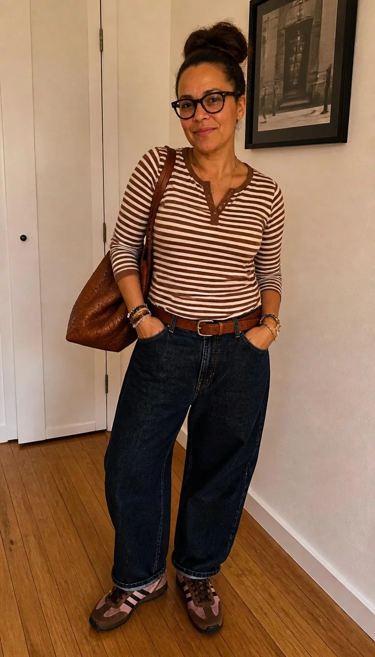 Brown and White Striped Henley and Dark Wash Baggy Jeans A photorealistic full body shot of a 40-year-old Mixed-race woman with a round face, olive, button nose, thin arched eyebrows, and thin lips. Her face features gap between front teeth, light freckles, and subtle natural facial asymmetry. She has deep-set brown eyes, high cheekbones, closed-mouth smile, playful. She is average build with brown hair with a messy bun hairstyle and is wearing a brown and white striped henley, dark-wash baggy jeans, a brown belt, brown sneakers with pink stripes, a brown shoulder bag, layered bracelets, and tortoise-frame glasses, brown-and-white striped henley, dark-wash baggy jeans, a brown belt, brown sneakers with pink stripes, a brown shoulder bag, layered bracelets, and tortoise-frame glasses, no people in the background, high-quality mobile photography, shot on an iPhone 14.