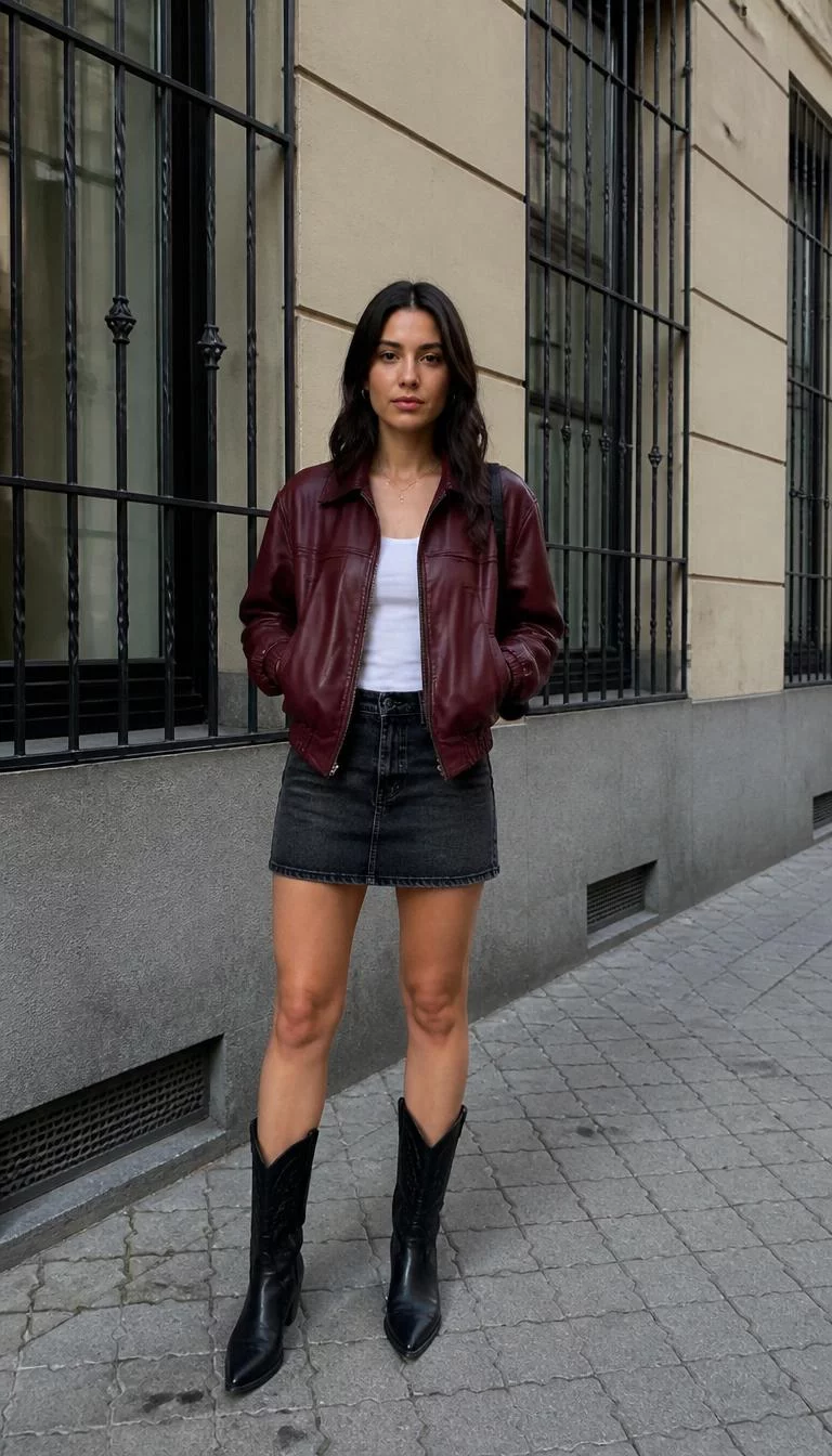 A photorealistic full body shot of a 26-year-old Middle Eastern woman with a pear-shaped face, dark brown, narrow nose, thin arched eyebrows, and full lips. Her face features small scar on the eyebrow, light freckles, and subtle natural facial asymmetry. She has deep-set brown eyes, pronounced cheekbones, neutral expression, relaxed. She is average build with long dark hair hair with a [hairstyle] hair and is wearing a burgundy leather bomber jacket over a white top and dark denim skirt with black cowboy boots on a sidewalk, no people in the background, high-quality mobile photography, shot on an iPhone 14.