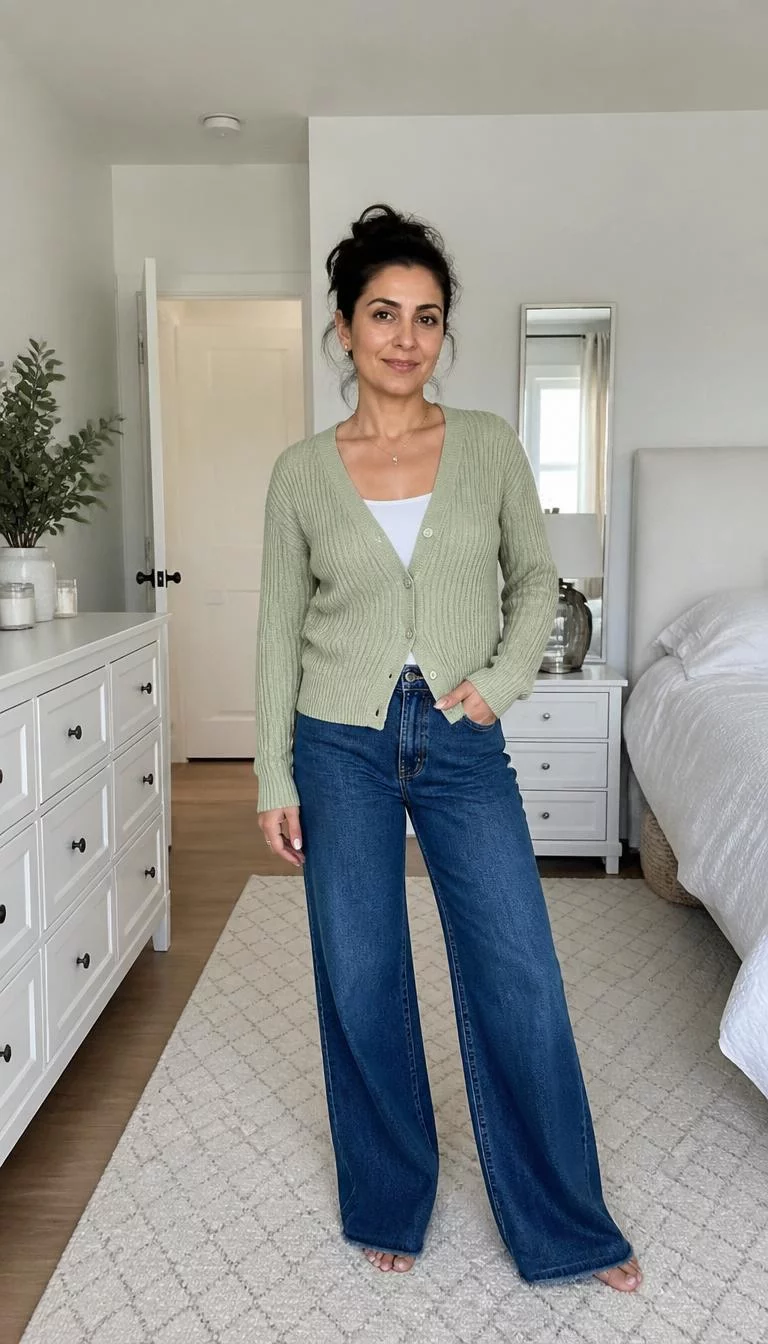 Light Green Cardigan and Blue Wide Leg Jeans A photorealistic full body shot of a 44-year-old Middle Eastern woman with a oblong face, olive, upturned nose, thick natural eyebrows, and wide lips. Her face features slightly crooked smile, faint under-eye shadows, and subtle natural facial asymmetry. She has almond-shaped hazel eyes, rounded cheeks, closed-mouth smile, confident. She is average build with dark brown hair with a high bun hairstyle and is wearing a light green cardigan over a white camisole with blue wide-leg jeans, standing in a white-themed bedroom, no people in the background, high-quality mobile photography, shot on an iPhone 14.