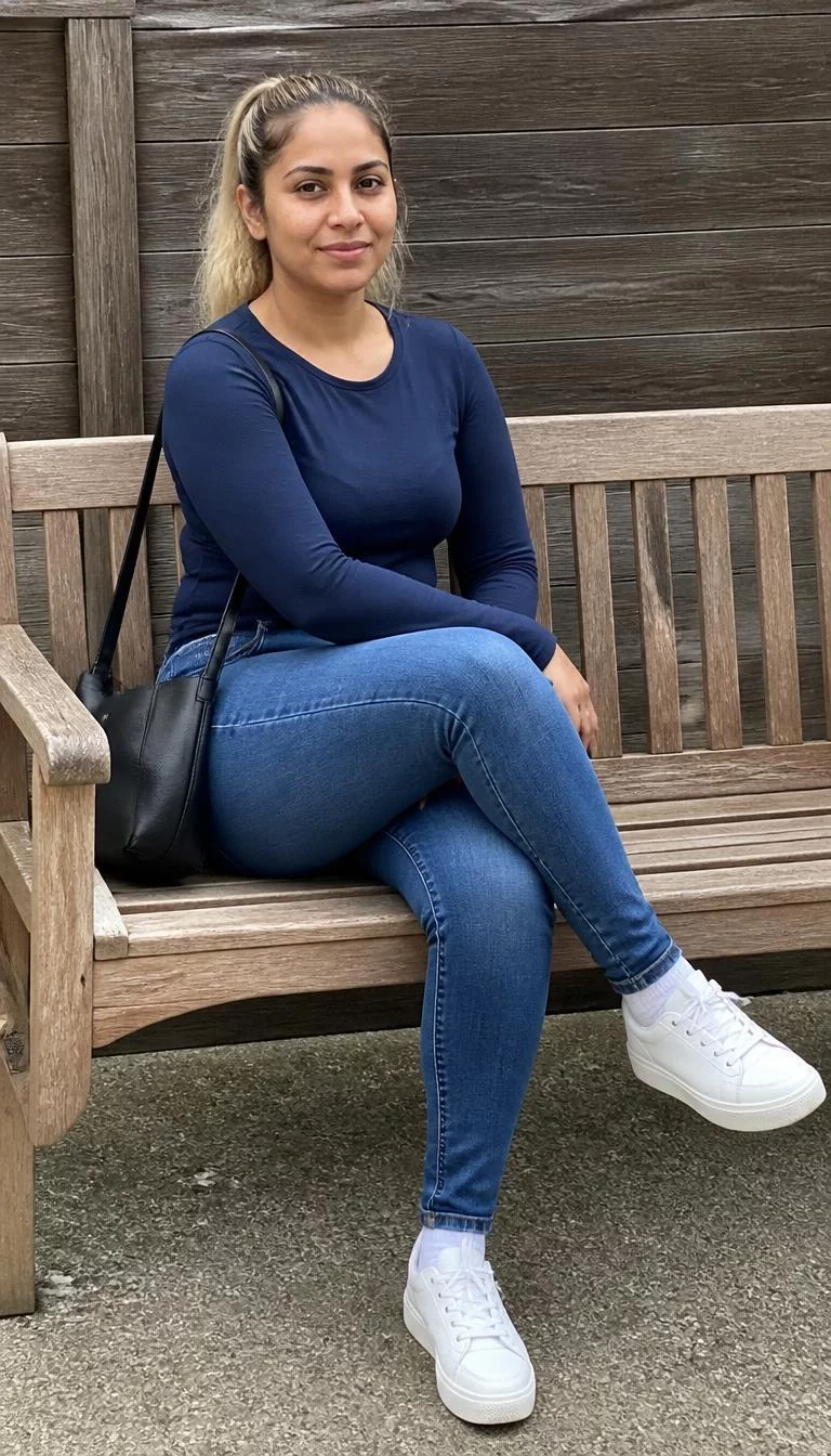 Long Sleeve Blue Top and Blue Jeans with White Sneakers A photorealistic full body shot of a 36-year-old South Asian woman with a oval face, olive, button nose, thin arched eyebrows, and wide lips. Her face features dimples, light freckles, and subtle natural facial asymmetry. She has upturned gray eyes, high cheekbones, closed-mouth smile, thoughtful. She is curvy build with long blonde hair tied back and is wearing a long-sleeve blue top, blue jeans, white socks, and white sneakers, with a black bag, sitting on a wooden bench outside, no people in the background, high-quality mobile photography, shot on an iPhone 14.