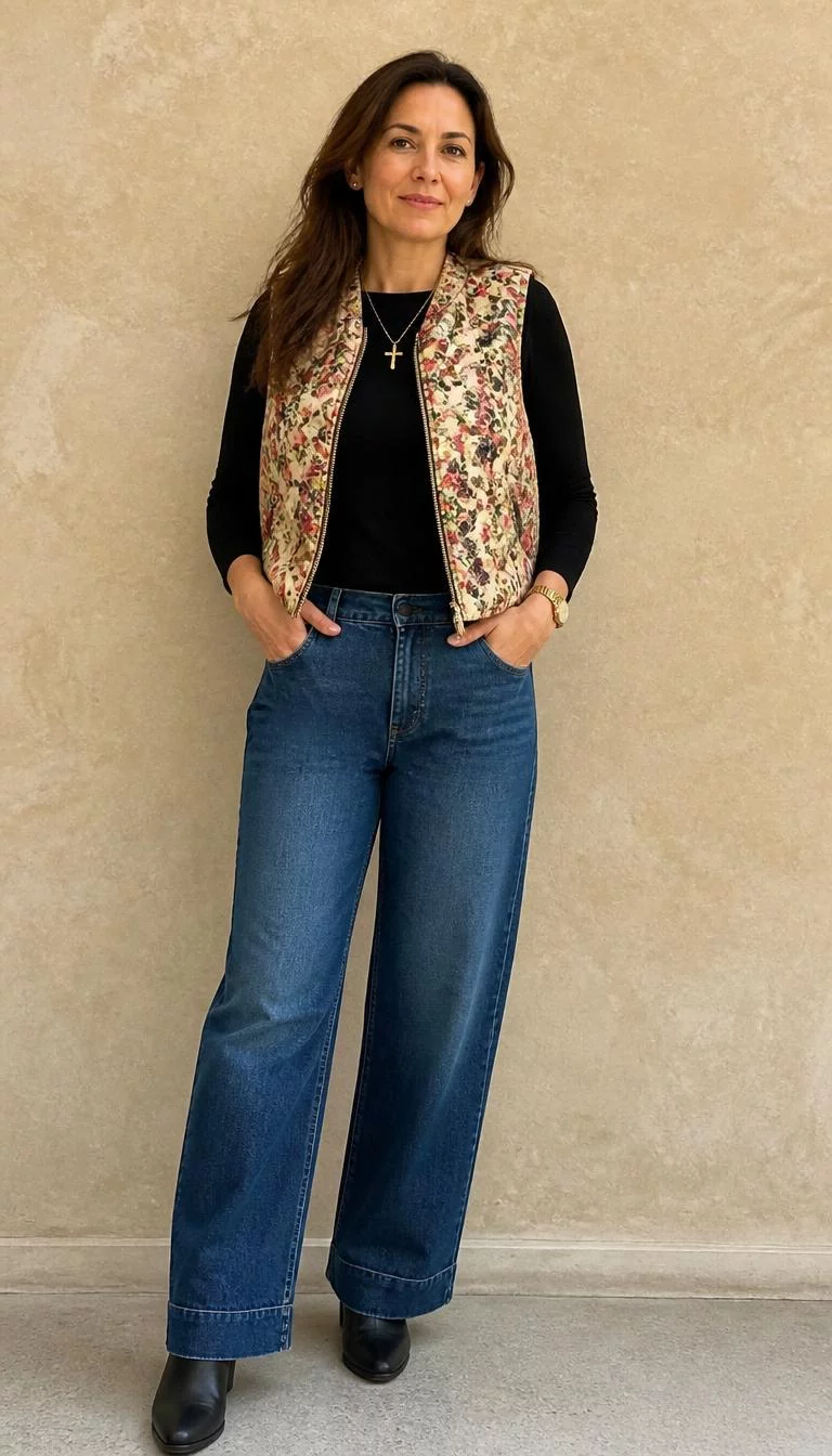 Quilted Floral Vest and Wide Leg Jeans with Black Boots A photorealistic full body shot of a 47-year-old Southern European woman with a oblong face, fair, narrow nose, softly curved eyebrows, and full lips. Her face features small scar on the eyebrow, subtle acne marks, and subtle natural facial asymmetry. She has monolid blue eyes, rounded cheeks, subtle smile, cheerful. She is slim with brown hair and is wearing a quilted floral vest, black long-sleeve top, wide-leg jeans, black boots, a gold watch, cross necklace, and rings, textured beige background, no people in the background, high-quality mobile photography, shot on an iPhone 14.