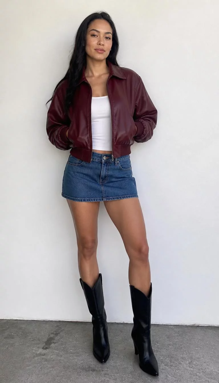 Burgundy Leather Bomber and Denim Skirt with Western Boots A photorealistic full body shot of a 30-year-old Mixed-race woman with a square face, light, broad nose, thin arched eyebrows, and heart-shaped lips. Her face features beauty mark near the lip, light freckles, and subtle natural facial asymmetry. She has downturned dark brown eyes, high cheekbones, closed-mouth smile, confident. She is athletic build with long dark hair and is wearing a burgundy leather bomber jacket, white top, denim miniskirt, and black western-style boots, white wall background, no people in the background, high-quality mobile photography, shot on an iPhone 14.
