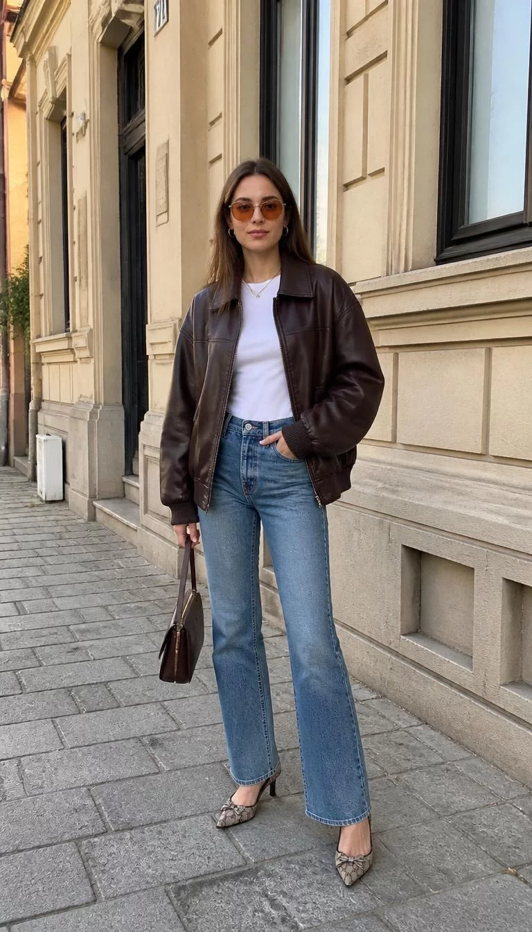 Oversized Dark Brown Leather Jacket and Patterned Slingback Heels A photorealistic full body shot of a 25-year-old Northern European woman with a oblong face, dark brown, rounded nose, straight eyebrows, and thin lips. Her face features dimples, faint under-eye shadows, and subtle natural facial asymmetry. She has monolid hazel eyes, soft cheekbones, neutral expression, relaxed. She is slim with light brown long hair and is wearing a oversized dark brown leather jacket, white top, blue jeans, and patterned slingback heels, orange-tinted sunglasses, city sidewalk, no people in the background, high-quality mobile photography, shot on an iPhone 14.