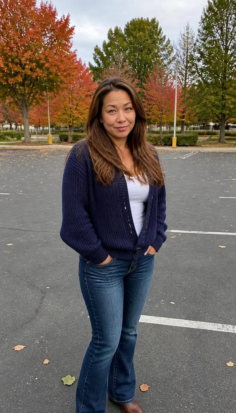 Chunky Navy Blue Cardigan and Jeans with Autumn Background A photorealistic full body shot of a 40-year-old East Asian woman with a oblong face, tan, broad nose, thin arched eyebrows, and thin lips. Her face features small scar on the eyebrow, light freckles, and subtle natural facial asymmetry. She has deep-set green eyes, high cheekbones, closed-mouth smile, confident. She is curvy build with long brown hair and is wearing a chunky navy blue cardigan, white top, and jeans, parking lot with autumn-colored trees, no people in the background, high-quality mobile photography, shot on an iPhone 14.