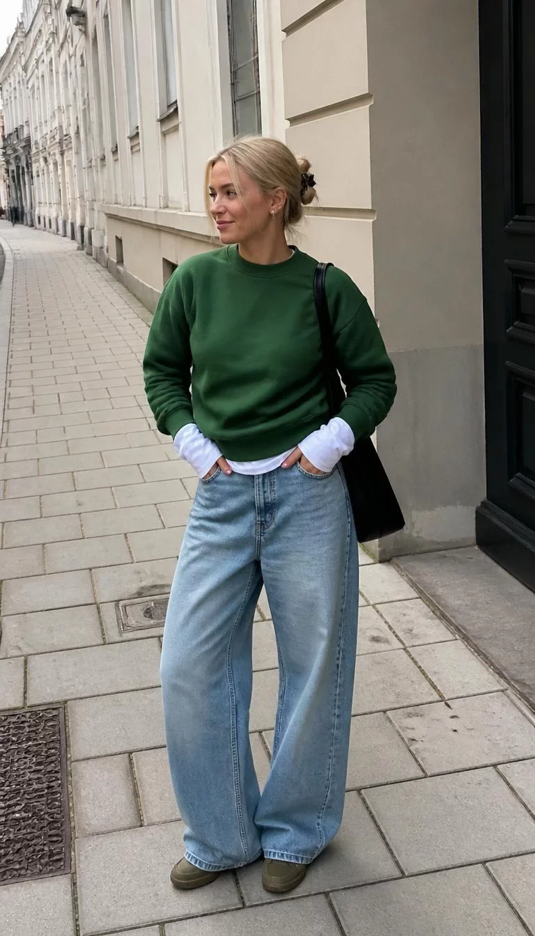 Green Sweatshirt and Wide Leg Denim A photorealistic full body shot of a 23-year-old Northern European woman with a heart-shaped face, light, aquiline nose, straight eyebrows, and full lips. Her face features beauty mark near the lip, slightly flushed cheeks, and subtle natural facial asymmetry. She has downturned blue eyes, rounded cheeks, closed-mouth smile, confident. She is slim with blonde hair in a claw clip and is wearing a green sweatshirt over a white long-sleeve, and wide-leg denim jeans, standing on a city sidewalk, no people in the background, high-quality mobile photography, shot on an iPhone 14.
