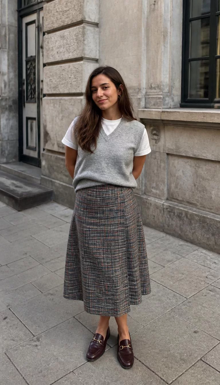Plaid Skirt and Light Grey Sweater Vest A photorealistic full body shot of a 35-year-old Eastern European woman with a heart-shaped face, deep brown, aquiline nose, feathered eyebrows, and wide lips. Her face features beauty mark near the lip, faint under-eye shadows, and subtle natural facial asymmetry. She has monolid amber eyes, soft cheekbones, closed-mouth smile, playful. She is average build with long brown hair and is wearing a light grey sweater vest, white tee, long plaid skirt, and loafers, standing on a city sidewalk, no people in the background, high-quality mobile photography, shot on an iPhone 14.