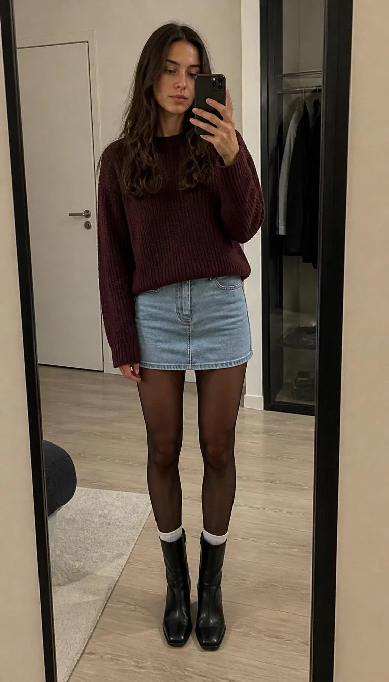 Maroon Sweater and Denim Mini Skirt A photorealistic full body shot of a 24-year-old Northern European woman with a square face, dark brown, straight nose, feathered eyebrows, and thin lips. Her face features beauty mark near the lip, faint under-eye shadows, and subtle natural facial asymmetry. She has round dark brown eyes, pronounced cheekbones, neutral expression, relaxed. She is slim with brown wavy hair and is wearing a maroon sweater, light-blue denim mini skirt, tights, and black boots with white socks, reflected in a mirror, no people in the background, high-quality mobile photography, shot on an iPhone 14.