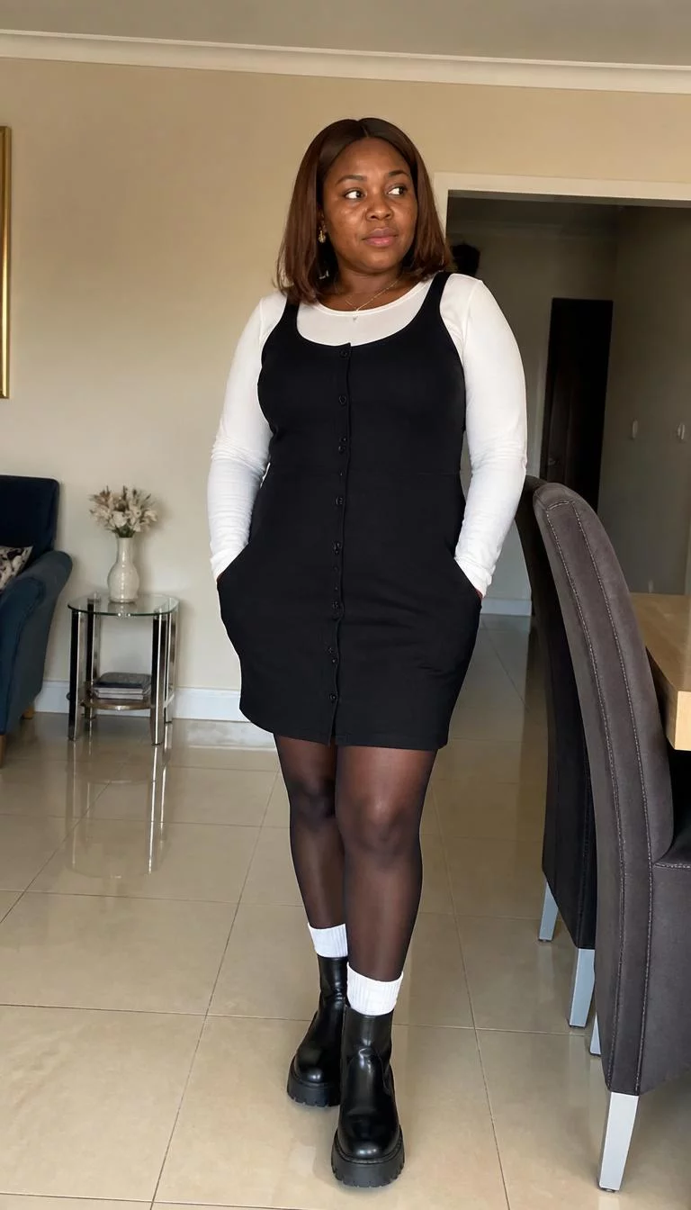 Black Button Down Mini Dress and Chunky Boots A photorealistic full body shot of a 43-year-old Black African woman with a round face, dark brown, rounded nose, thin arched eyebrows, and full lips. Her face features beauty mark near the lip, subtle acne marks, and subtle natural facial asymmetry. She has monolid dark brown eyes, pronounced cheekbones, neutral expression, thoughtful. She is curvy build with brown shoulder-length hair and is wearing a white long-sleeve, black button-down mini dress, tights, white socks, and chunky black boots, in an indoor home setting, no people in the background, high-quality mobile photography, shot on an iPhone 14.