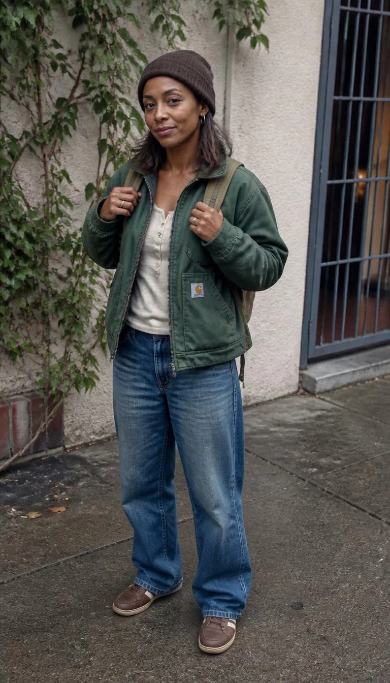 Green Carhartt Jacket and Brown Beanie A photorealistic full body shot of a 38-year-old Black African woman with a heart-shaped face, fair, narrow nose, softly curved eyebrows, and thin lips. Her face features slightly crooked smile, light freckles, and subtle natural facial asymmetry. She has round hazel eyes, pronounced cheekbones, neutral expression, playful. She is petite with brown hair and is wearing a brown beanie, green Carhartt jacket, cream henley tank, vintage jeans, brown sneakers, a canvas backpack, and silver rings, no people in the background, high-quality mobile photography, shot on an iPhone 14.