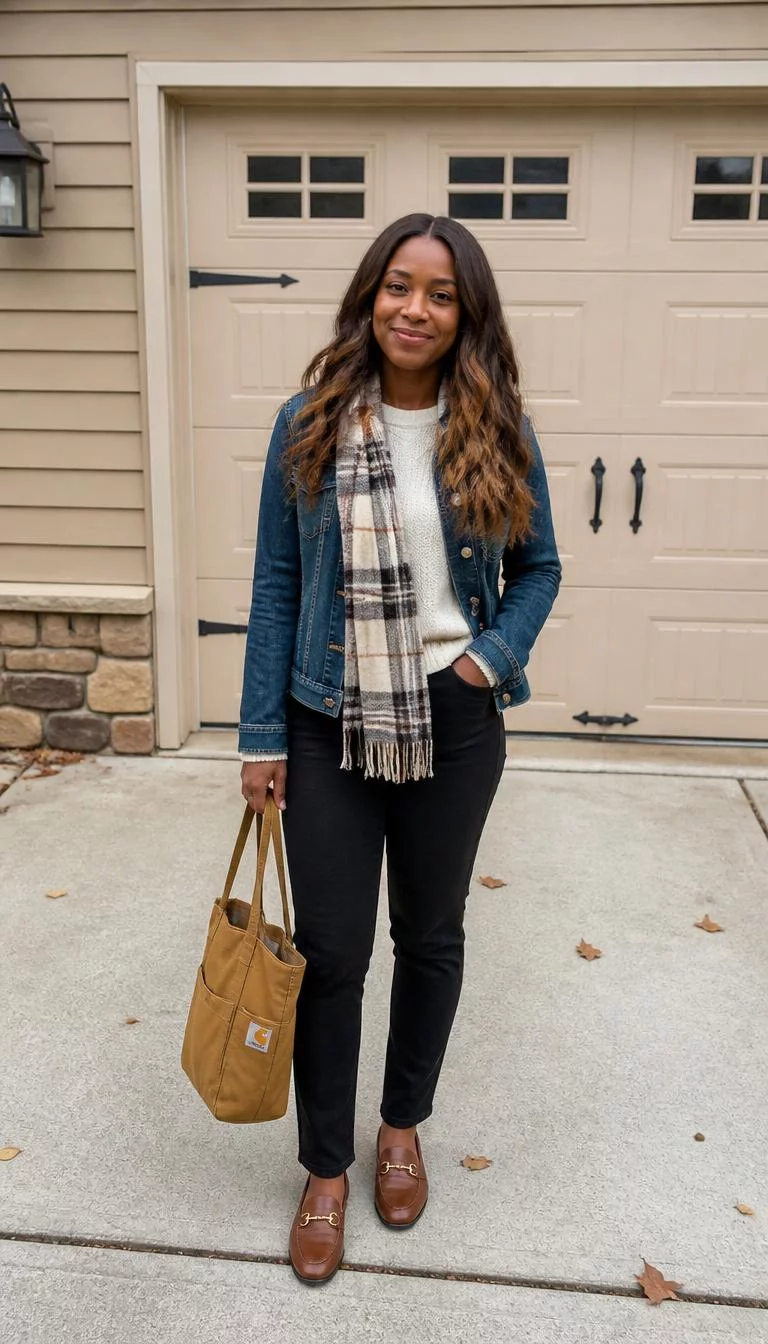 Plaid Scarf and Denim Jacket Layering A photorealistic full body shot of a 37-year-old Black African woman with a oval face, golden brown, aquiline nose, feathered eyebrows, and heart-shaped lips. Her face features uneven eyebrows, faint under-eye shadows, and subtle natural facial asymmetry. She has hooded hazel eyes, high cheekbones, closed-mouth smile, cheerful. She is petite with brown wavy hair and is wearing a cream sweater, denim jacket, plaid scarf, black pants, brown loafers, and Carhartt bag, in front of a tan suburban garage, no people in the background, high-quality mobile photography, shot on an iPhone 14.