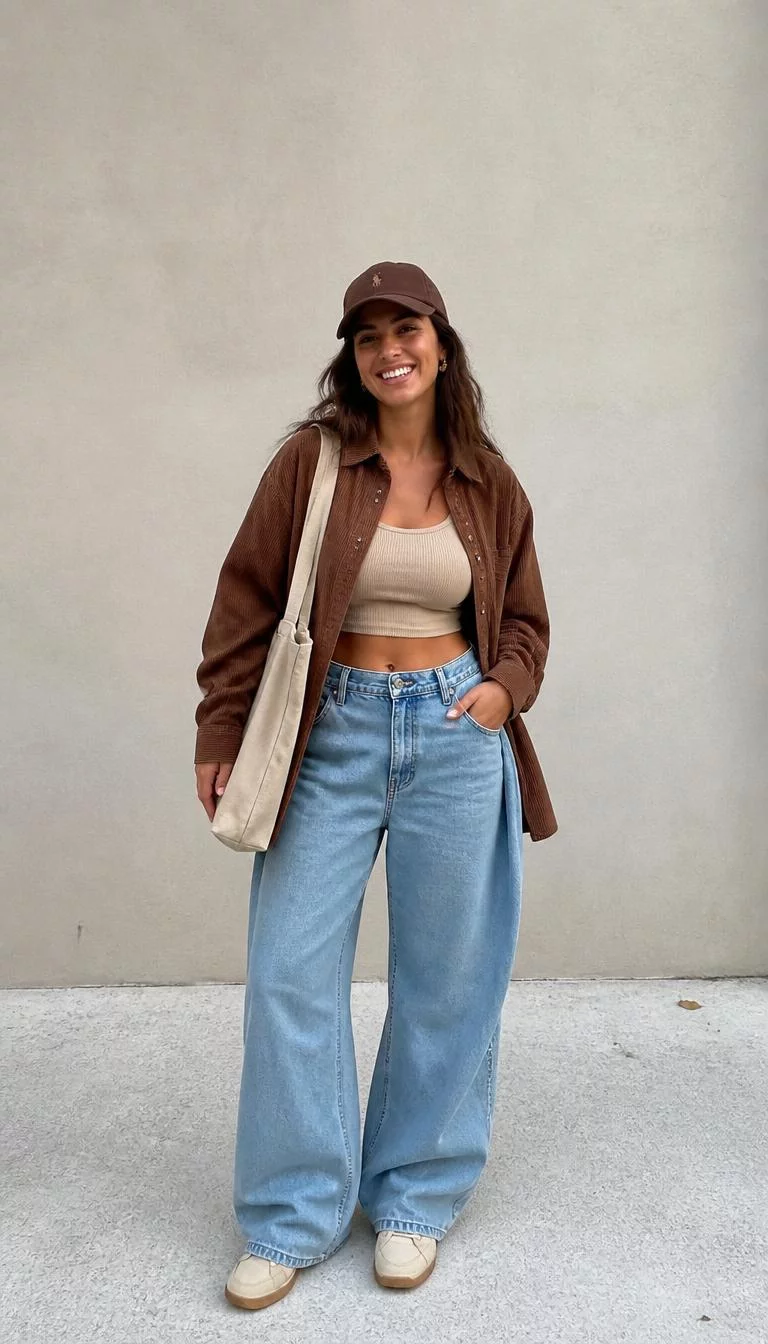 Brown Corduroy and Wide Leg Denim A photorealistic full body shot of a 32-year-old Southern European woman with a diamond face, light, button nose, softly curved eyebrows, and full lips. Her face features faint freckles across the nose, visible pores, and subtle natural facial asymmetry. She has deep-set amber eyes, pronounced cheekbones, broad smile, cheerful. She is curvy build with brown hair and is wearing a brown corduroy shirt, beige crop tank, oversized wide-leg jeans, brown cap, tote bag, and beige sneakers, on a minimalist background, no people in the background, high-quality mobile photography, shot on an iPhone 14.