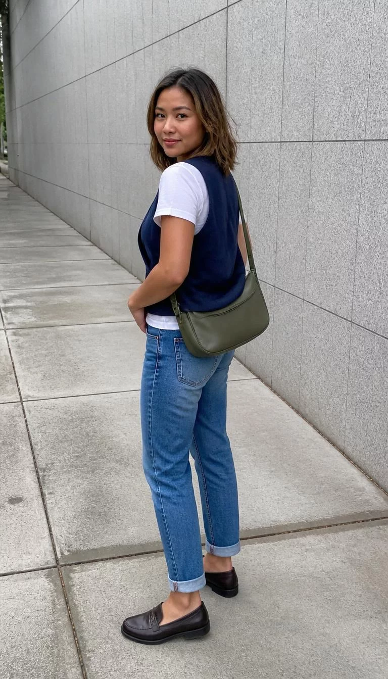 Navy Suede Vest and Cuffed Jeans A photorealistic full body shot of a 31-year-old Southeast Asian woman with a oval face, tan, aquiline nose, feathered eyebrows, and full lips. Her face features uneven eyebrows, subtle acne marks, and subtle natural facial asymmetry. She has hooded blue eyes, rounded cheeks, subtle smile, playful. She is average build with light brown hair in a loose, natural style and is wearing a white tee, navy suede vest, cuffed jeans, dark loafers, and carries a green shoulder bag, on a sidewalk, no people in the background, high-quality mobile photography, shot on an iPhone 14.