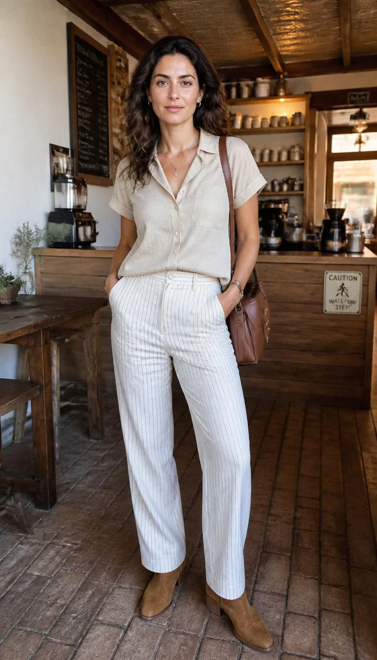 Pinstriped Trousers and Rustic Coffee Vibes A photorealistic full body shot of a 36-year-old Southern European woman with a square face, light, aquiline nose, straight eyebrows, and heart-shaped lips. Her face features widow's peak hairline, faint under-eye shadows, and subtle natural facial asymmetry. She has monolid green eyes, high cheekbones, subtle smile, thoughtful. She is athletic build with light-brown wavy hair and is wearing a beige short-sleeve button-down, pinstriped trousers, brown boots, and a leather shoulder bag, in a rustic coffee shop setting, no people in the background, high-quality mobile photography, shot on an iPhone 14.