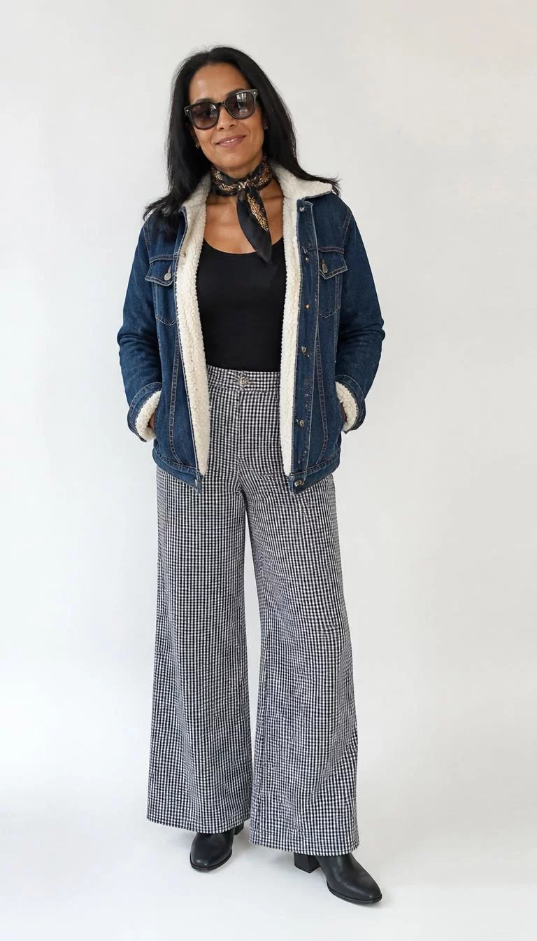 Sherpa Lined Denim and Gingham Pants A photorealistic full body shot of a 48-year-old Afro-Caribbean woman with a oblong face, tan, narrow nose, feathered eyebrows, and thin lips. Her face features faint freckles across the nose, subtle acne marks, and subtle natural facial asymmetry. She has deep-set blue eyes, soft cheekbones, broad smile, relaxed. She is slim with black hair and is wearing a black tank, sherpa-lined denim jacket, gingham wide-leg pants, black boots, dark sunglasses, and a silk neck scarf, on a white background, no people in the background, high-quality mobile photography, shot on an iPhone 14.