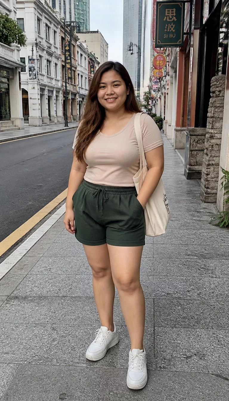 Forest Green Shorts and Canvas Tote A photorealistic full body shot of a 35-year-old Southeast Asian woman with a pear-shaped face, light, button nose, thin arched eyebrows, and wide lips. Her face features gap between front teeth, slightly flushed cheeks, and subtle natural facial asymmetry. She has deep-set gray eyes, soft cheekbones, closed-mouth smile, cheerful. She is curvy build with brown textured hair and is wearing a neutral beige t-shirt, dark forest green shorts, white sneakers, and carrying a simple canvas tote, in a city street, no people in the background, high-quality mobile photography, shot on an iPhone 14.