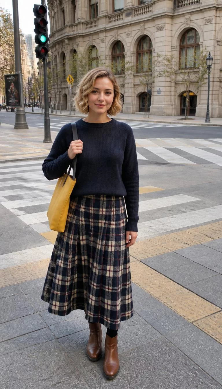 Navy Sweater and Long Plaid skirt A photorealistic full body shot of a 30-year-old Middle Eastern woman with a oval face, golden brown, narrow nose, softly curved eyebrows, and heart-shaped lips. Her face features faint freckles across the nose, light freckles, and subtle natural facial asymmetry. She has almond-shaped gray eyes, soft cheekbones, subtle smile, cheerful. She is petite with blonde short, wavy hair and is wearing a navy blue sweater, long plaid skirt, and brown boots, standing at a busy intersection with a yellow bag, no people in the background, high-quality mobile photography, shot on an iPhone 14.