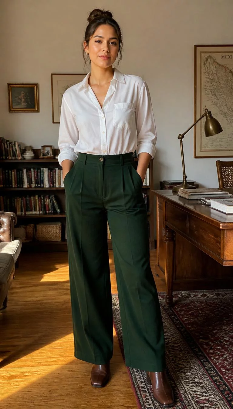 White Button Down and Dark Green Trousers A photorealistic full body shot of a 29-year-old Latina woman with a heart-shaped face, fair, aquiline nose, feathered eyebrows, and wide lips. Her face features slightly crooked smile, subtle acne marks, and subtle natural facial asymmetry. She has monolid dark brown eyes, high cheekbones, closed-mouth smile, relaxed. She is athletic build with brown hair in a loose bun and is wearing a white button-down shirt, dark green wide-leg trousers, and brown leather boots, in a warm, sunlit study, no people in the background, high-quality mobile photography, shot on an iPhone 14.