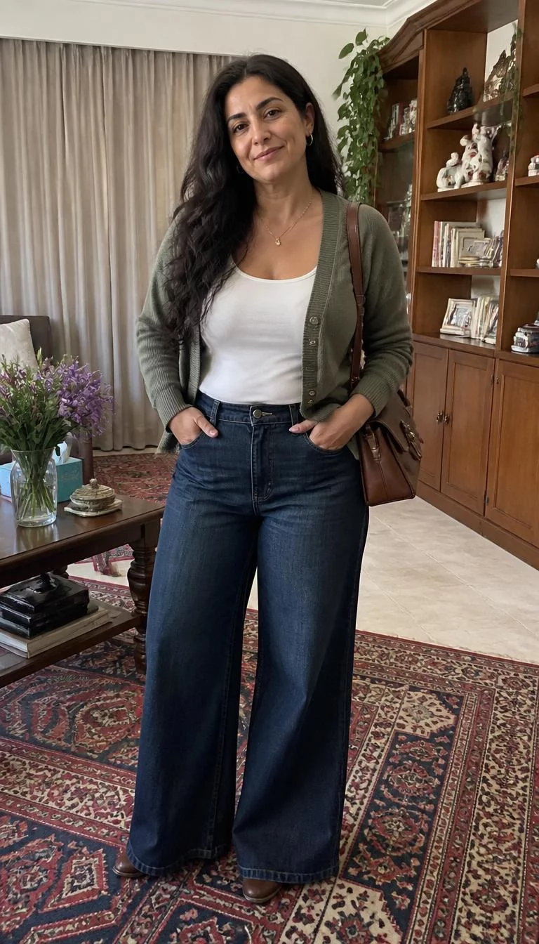 Olive Cardigan and Dark Wide Leg Jeans A photorealistic full body shot of a 47-year-old Middle Eastern woman with a round face, deep brown, narrow nose, feathered eyebrows, and full lips. Her face features dimples, faint under-eye shadows, and subtle natural facial asymmetry. She has downturned brown eyes, rounded cheeks, subtle smile, playful. She is average build with long dark wavy hair and is wearing an olive-green cardigan, white tank, dark denim wide-leg jeans, and a brown leather bag, in a cozy indoor setting, no people in the background, high-quality mobile photography, shot on an iPhone 14.