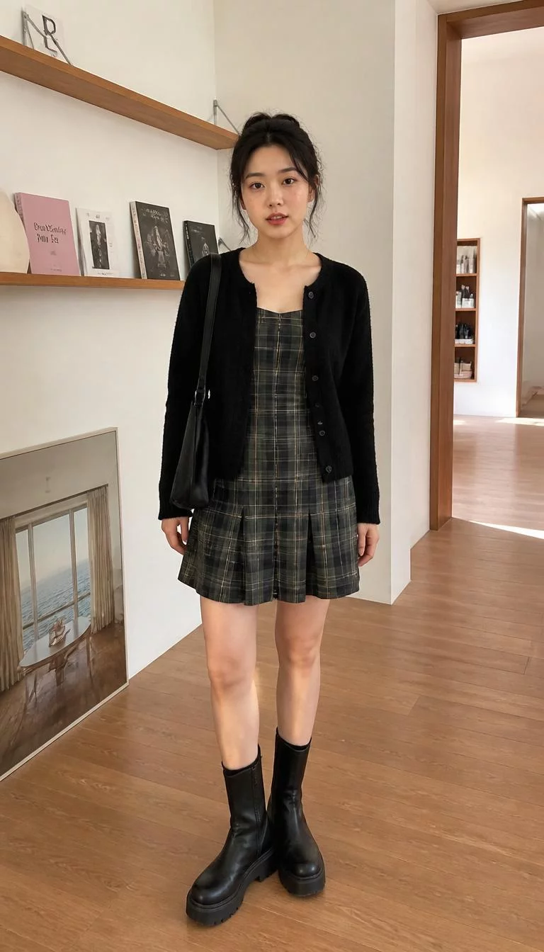 Black Cardigan and Plaid Dress A photorealistic full body shot of a 27-year-old East Asian woman with a oblong face, olive, straight nose, thick natural eyebrows, and full lips. Her face features gap between front teeth, subtle acne marks, and subtle natural facial asymmetry. She has upturned amber eyes, soft cheekbones, neutral expression, cheerful. She is petite with dark wavy hair in a messy updo and is wearing a black cardigan over a green plaid dress, and black chunky boots, in a bright indoor space, no people in the background, high-quality mobile photography, shot on an iPhone 14.