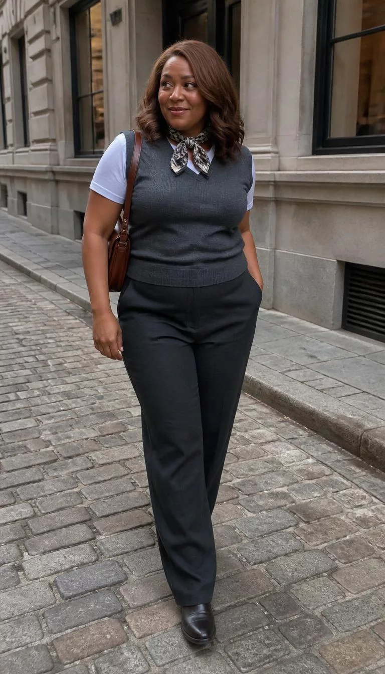 Grey Sweater Vest and Cobblestone Chic A photorealistic full body shot of a 45-year-old Black African woman with a square face, fair, aquiline nose, feathered eyebrows, and heart-shaped lips. Her face features uneven eyebrows, subtle acne marks, and subtle natural facial asymmetry. She has deep-set brown eyes, pronounced cheekbones, closed-mouth smile, playful. She is curvy build with brown layered, wavy hair and is wearing a white tee, grey sweater vest, printed scarf, dark trousers, boots, and shoulder bag, walking down a cobblestone city street, no people in the background, high-quality mobile photography, shot on an iPhone 14.