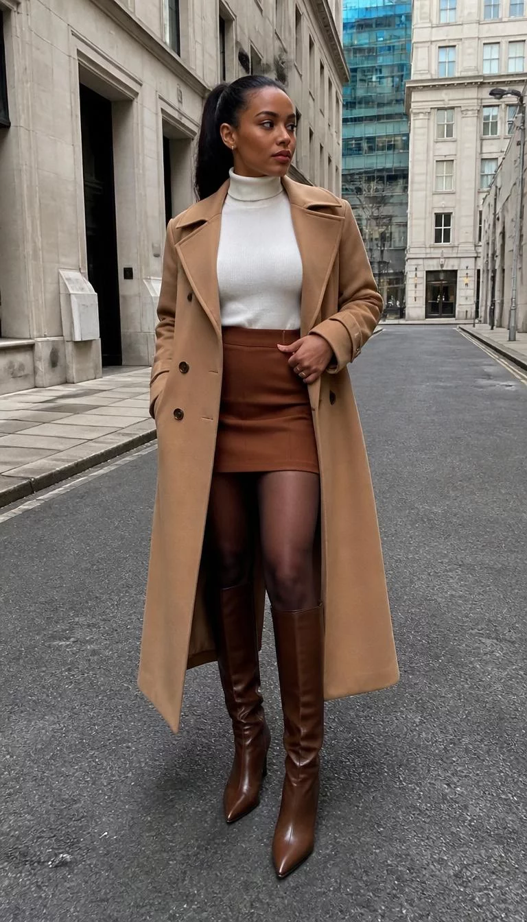 Camel Trench Coat and Knee High Boots A photorealistic full body shot of a 34-year-old Afro-Caribbean woman with a oval face, tan, broad nose, thick natural eyebrows, and heart-shaped lips. Her face features beauty mark near the lip, faint under-eye shadows, and subtle natural facial asymmetry. She has almond-shaped dark brown eyes, high cheekbones, neutral expression, thoughtful. She is athletic build with brunette hair in a ponytail and is wearing a white turtleneck, camel trench coat, brown mini skirt, tights, and knee-high leather boots, on a city street, no people in the background, high-quality mobile photography, shot on an iPhone 14.