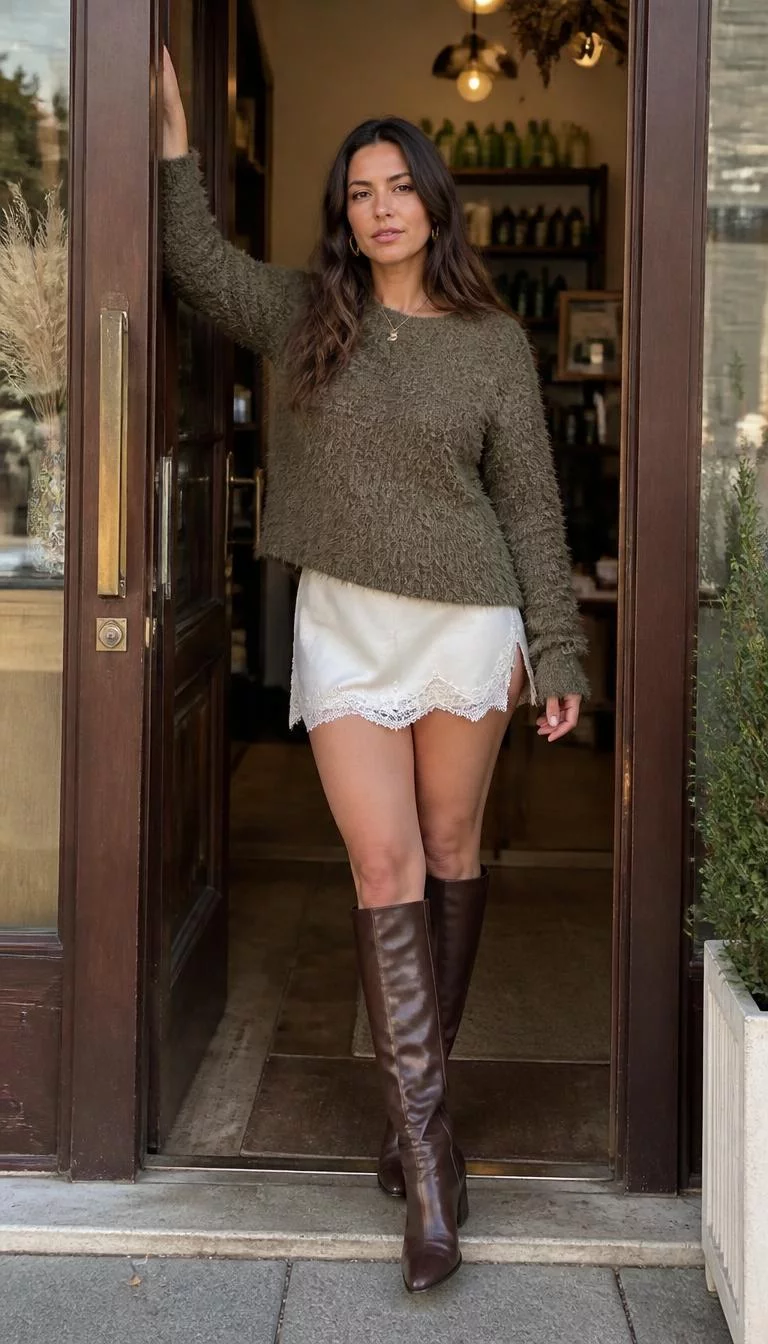 Olive Sweater and Lace Trimmed Mini Skirt A photorealistic full body shot of a 34-year-old Latina woman with a square face, fair, aquiline nose, thick natural eyebrows, and wide lips. Her face features uneven eyebrows, faint under-eye shadows, and subtle natural facial asymmetry. She has downturned blue eyes, rounded cheeks, neutral expression, confident. She is curvy build with long wavy brown hair and is wearing a fluffy olive-green sweater, white lace-trimmed mini skirt, and tall brown leather boots, standing in a shop doorway, no people in the background, high-quality mobile photography, shot on an iPhone 14.