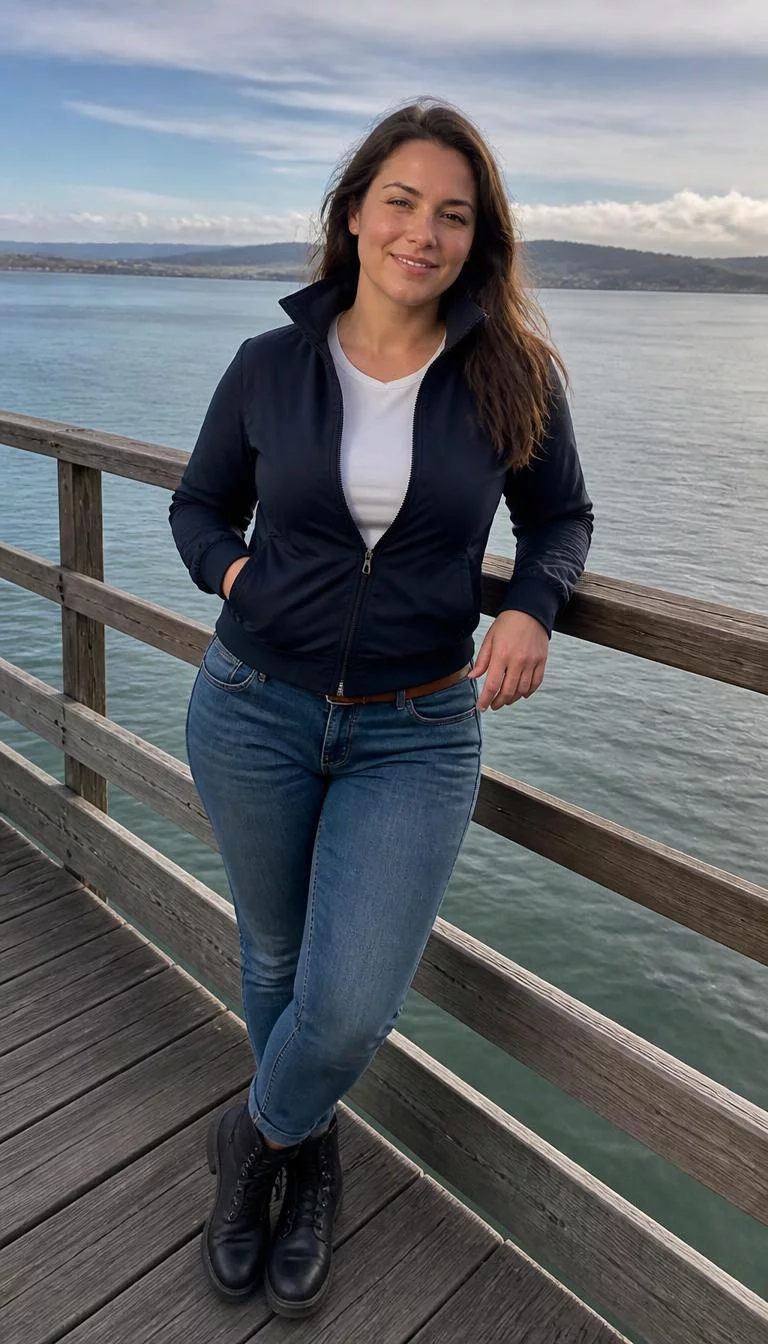 Navy Zip Up Jacket and Pier Practicality A photorealistic full body shot of a 29-year-old Eastern European woman with a oval face, golden brown, upturned nose, thin arched eyebrows, and wide lips. Her face features small scar on the eyebrow, light freckles, and subtle natural facial asymmetry. She has hooded green eyes, pronounced cheekbones, broad smile, confident. She is curvy build with brown hair and is wearing a navy blue zip-up jacket over a white tee, blue jeans with a brown leather belt, and dark boots, standing on a pier overlooking a bay, no people in the background, high-quality mobile photography, shot on an iPhone 14.