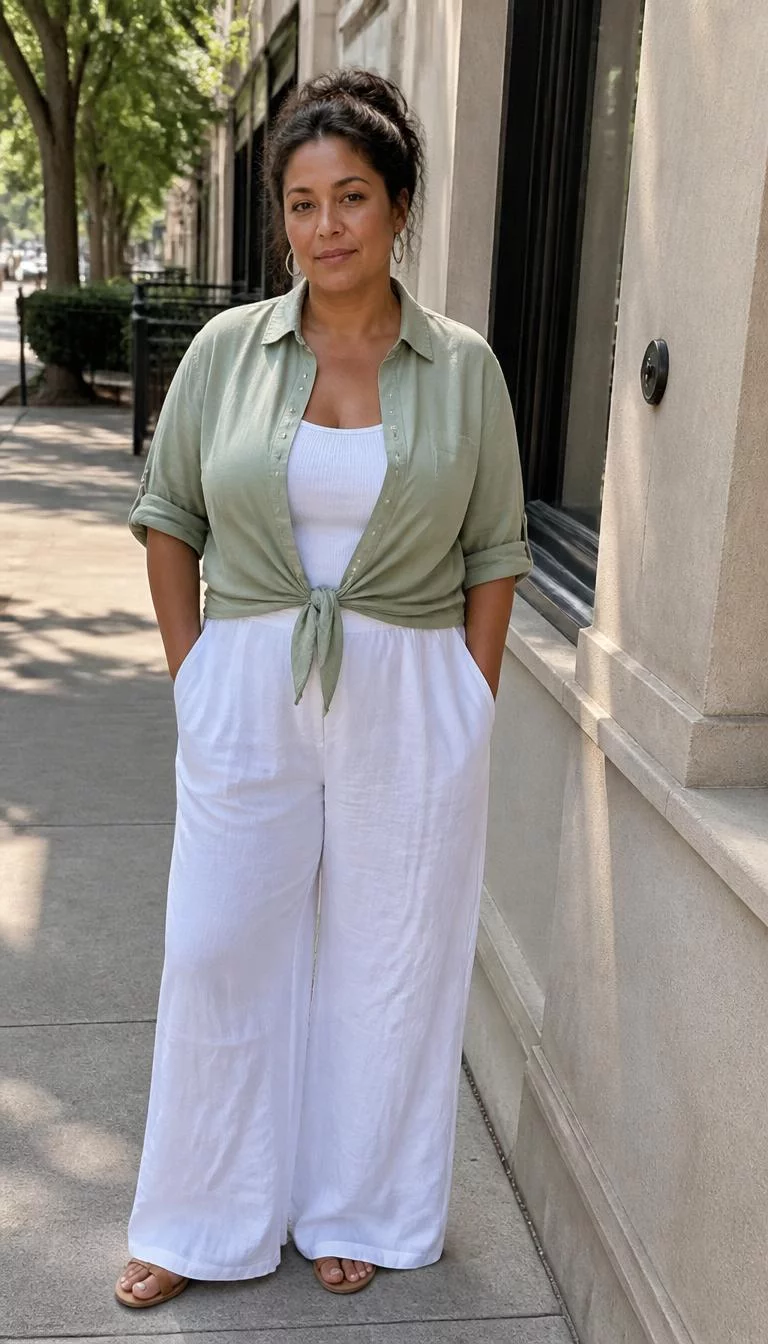 A photorealistic full body shot of a 49-year-old Mixed-race woman with a diamond face, dark brown, upturned nose, straight eyebrows, and full lips. Her face features gap between front teeth, a few laugh lines, and subtle natural facial asymmetry. She has downturned gray eyes, rounded cheeks, neutral expression, confident. She is curvy build with dark brown hair in a loose bun hair and is wearing a light green button-down shirt tied at the waist, a white tank, and wide-leg white pants, on a sunlit street, no people in the background, high-quality mobile photography, shot on an iPhone 14.