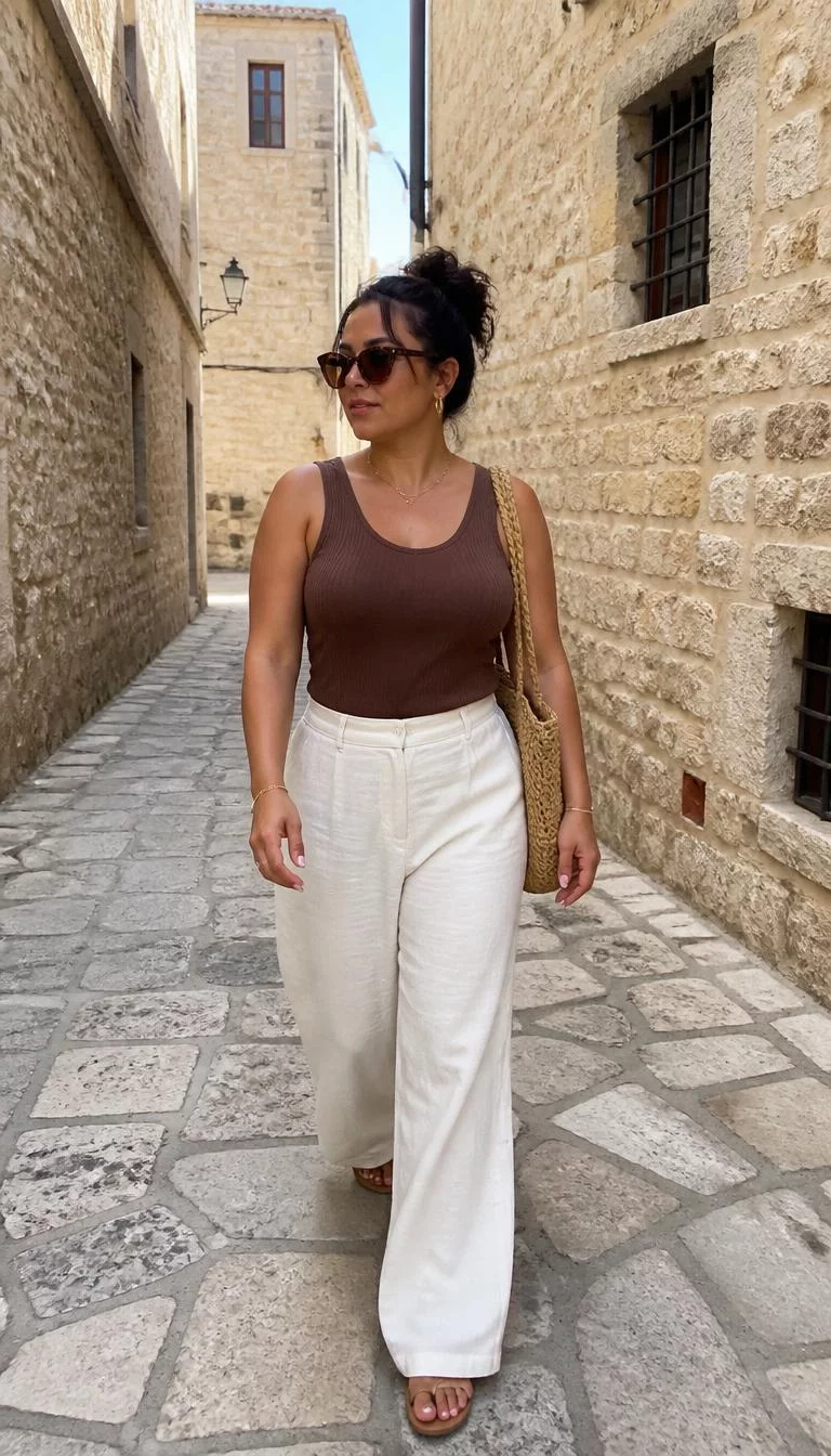 A photorealistic full body shot of a 31-year-old Latina woman with a oblong face, light, upturned nose, feathered eyebrows, and full lips. Her face features dimples, faint under-eye shadows, and subtle natural facial asymmetry. She has almond-shaped amber eyes, high cheekbones, subtle smile, confident. She is curvy build with brunette hair in a messy bun hair and is wearing a ribbed brown tank top, white wide-leg trousers, a straw bag, and dark sunglasses, walks through a stone alleyway, no people in the background, high-quality mobile photography, shot on an iPhone 14.