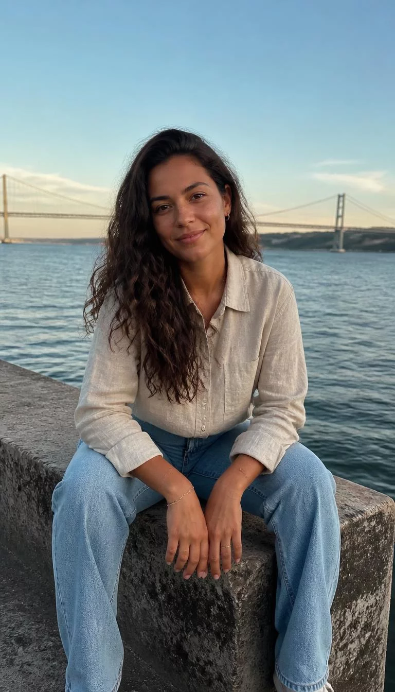 A photorealistic full body shot of a 34-year-old Mixed-race woman with a oval face, golden brown, aquiline nose, softly curved eyebrows, and heart-shaped lips. Her face features small scar on the eyebrow, subtle acne marks, and subtle natural facial asymmetry. She has upturned hazel eyes, high cheekbones, closed-mouth smile, relaxed. She is petite with brunette hair in long cascading waves hair and is wearing a light beige linen button-down shirt and light blue denim jeans, sits by a waterfront with a bridge in the distance, no people in the background, high-quality mobile photography, shot on an iPhone 14.