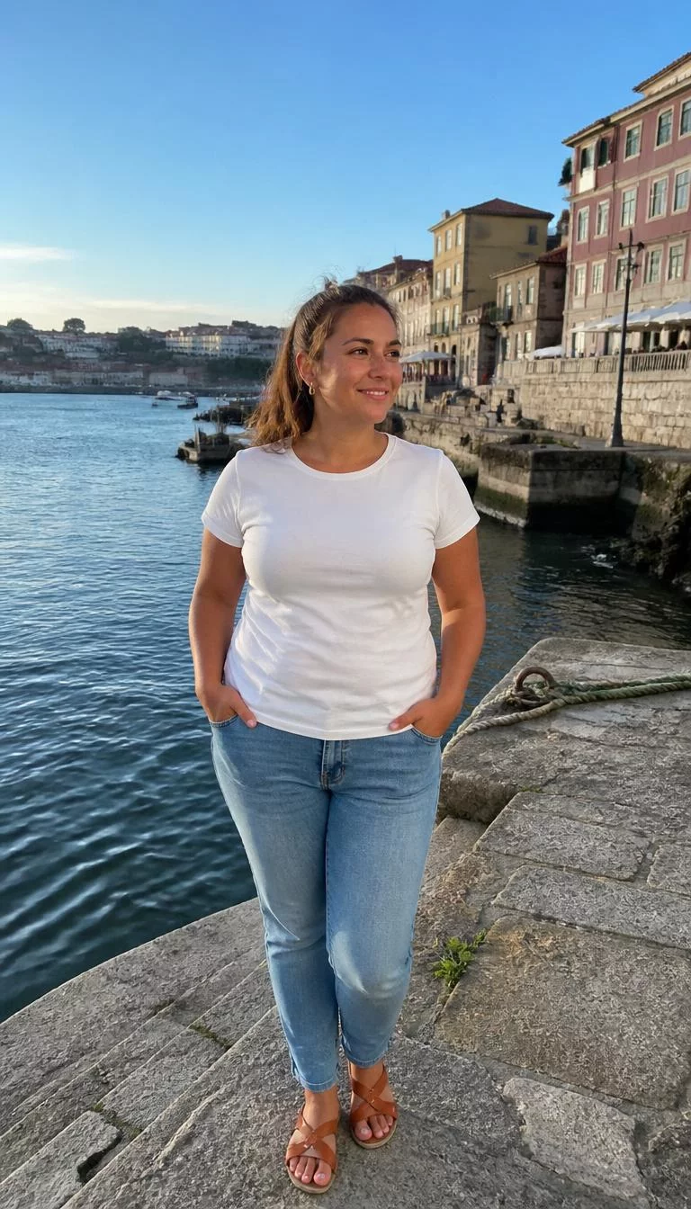A photorealistic full body shot of a 36-year-old Northern European woman with a round face, tan, upturned nose, thin arched eyebrows, and heart-shaped lips. Her face features dimples, subtle acne marks, and subtle natural facial asymmetry. She has almond-shaped amber eyes, rounded cheeks, subtle smile, cheerful. She is curvy build with light brown hair in a loose ponytail hair and is wearing a white t-shirt, light blue jeans, and leather sandals, standing in a classic Portuguese harbor scene, no people in the background, high-quality mobile photography, shot on an iPhone 14.