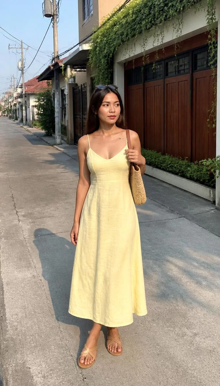 A photorealistic full body shot of a 23-year-old Southeast Asian woman with a round face, golden brown, aquiline nose, thin arched eyebrows, and wide lips. Her face features beauty mark near the lip, visible pores, and subtle natural facial asymmetry. She has upturned dark brown eyes, high cheekbones, closed-mouth smile, thoughtful. She is slim with dark brown hair and is wearing a light yellow linen dress and tan sandals, on a sunlit street, no people in the background, high-quality mobile photography, shot on an iPhone 14.