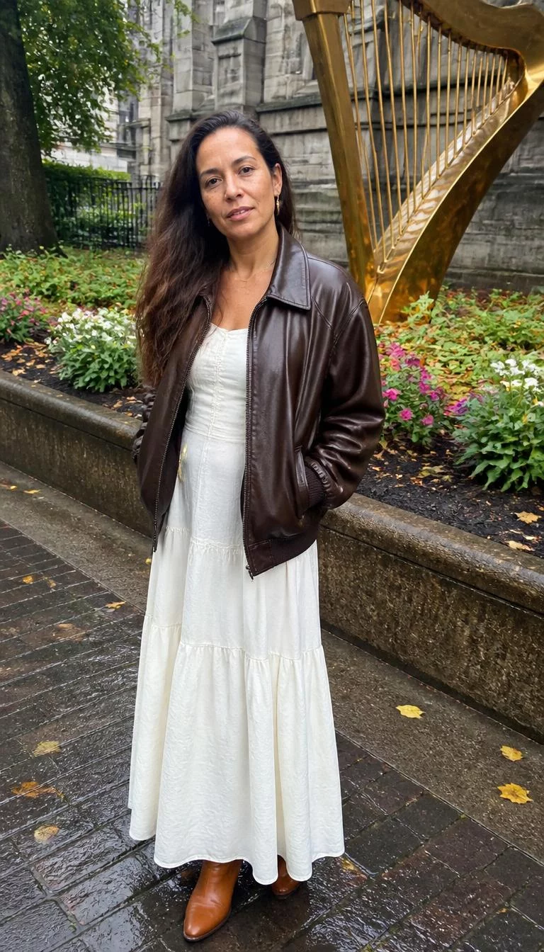 A photorealistic full body shot of a 49-year-old Mixed-race woman with a oblong face, golden brown, straight nose, thick natural eyebrows, and heart-shaped lips. Her face features gap between front teeth, visible pores, and subtle natural facial asymmetry. She has downturned brown eyes, soft cheekbones, neutral expression, relaxed. She is slim with long dark brown hair hair and is wearing a brown leather bomber jacket and white tiered maxi dress, outdoors near a golden harp sculpture and flower bed, no people in the background, high-quality mobile photography, shot on an iPhone 14.