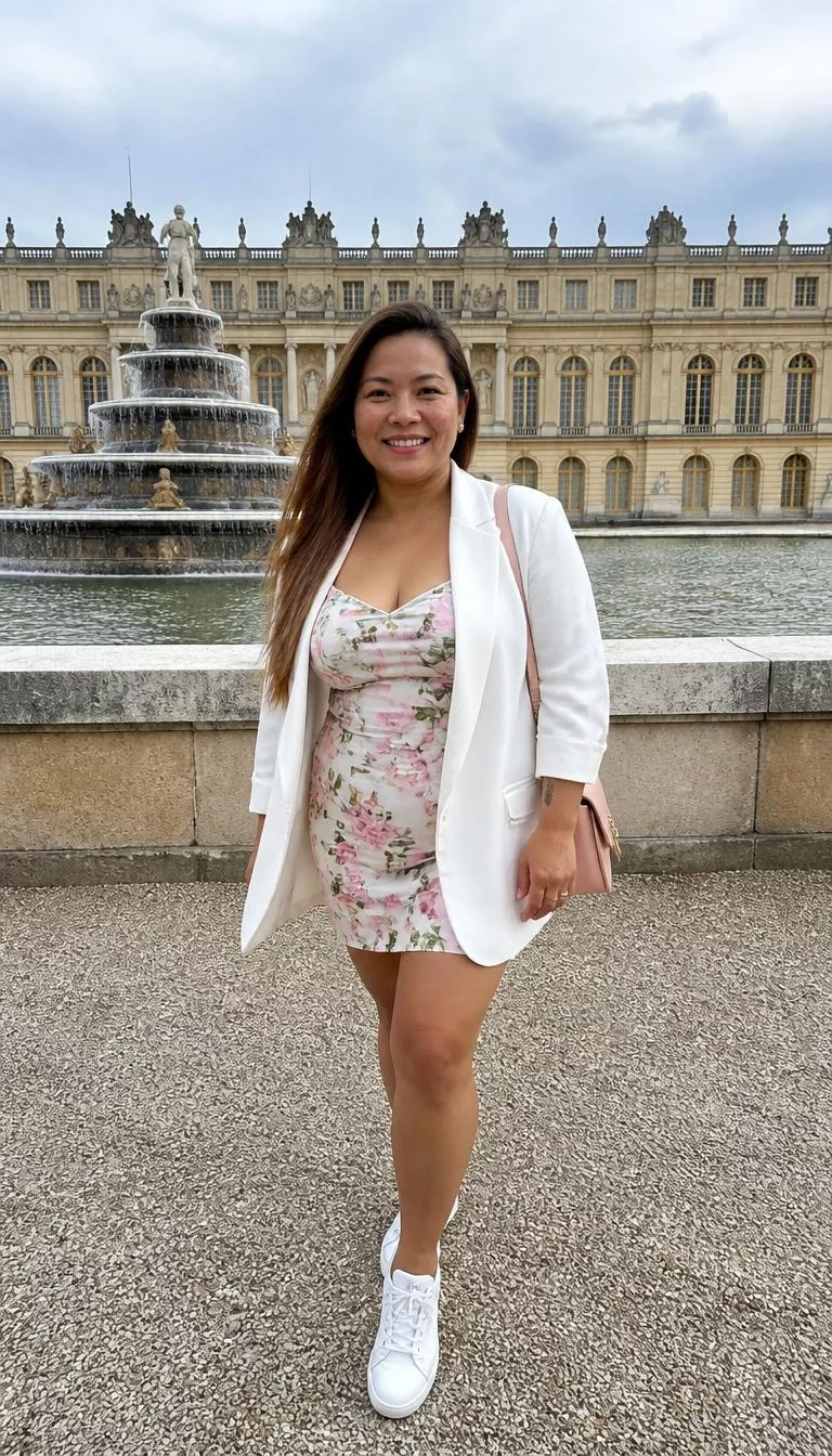 A photorealistic full body shot of a 41-year-old Southeast Asian woman with a square face, olive, rounded nose, straight eyebrows, and wide lips. Her face features faint freckles across the nose, visible pores, and subtle natural facial asymmetry. She has monolid dark brown eyes, high cheekbones, broad smile, confident. She is curvy build with long brown hair hair and is wearing a floral mini-dress, a white blazer, and white sneakers, she carries a pink shoulder bag, a historic fountain and European palace, no people in the background, high-quality mobile photography, shot on an iPhone 14.