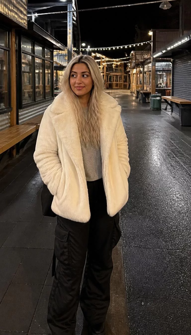 A photorealistic full body shot of a 25-year-old Middle Eastern woman with a round face, tan, straight nose, softly curved eyebrows, and full lips. Her face features gap between front teeth, visible pores, and subtle natural facial asymmetry. She has almond-shaped hazel eyes, high cheekbones, closed-mouth smile, thoughtful. She is slim with icy blonde loose hair and is wearing a long white faux-fur coat over a grey shirt and black cargo pants, night market, no people in the background, high-quality mobile photography, shot on an iPhone 14.
