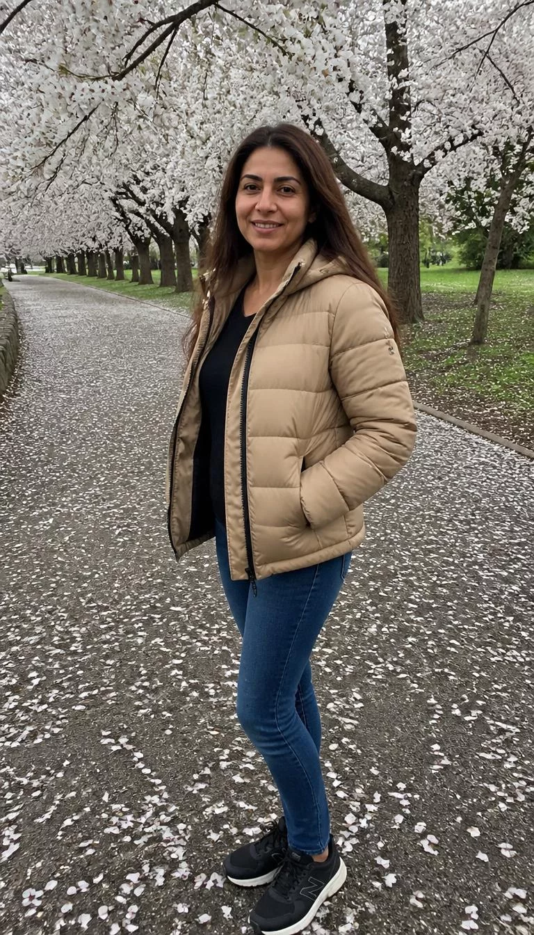 A photorealistic full body shot of a 44-year-old Middle Eastern woman with a oval face, dark brown, straight nose, softly curved eyebrows, and wide lips. Her face features gap between front teeth, a few laugh lines, and subtle natural facial asymmetry. She has monolid hazel eyes, rounded cheeks, closed-mouth smile, playful. She is slim with long brown hair and is wearing a quilted tan puffer jacket, black top, blue jeans, park filled with white cherry blossoms, no people in the background, high-quality mobile photography, shot on an iPhone 14.
