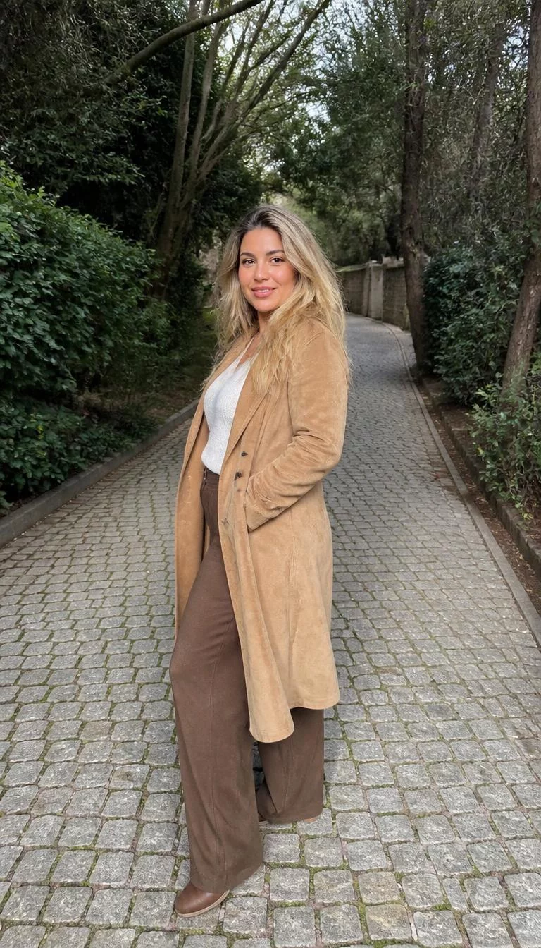 A photorealistic full body shot of a 35-year-old Mediterranean woman with a pear-shaped face, olive, broad nose, straight eyebrows, and full lips. Her face features faint freckles across the nose, light freckles, and subtle natural facial asymmetry. She has upturned green eyes, rounded cheeks, broad smile, relaxed. She is athletic build with blonde hair and is wearing a tan suede coat, brown trousers, cobblestone path with green trees, no people in the background, high-quality mobile photography, shot on an iPhone 14.