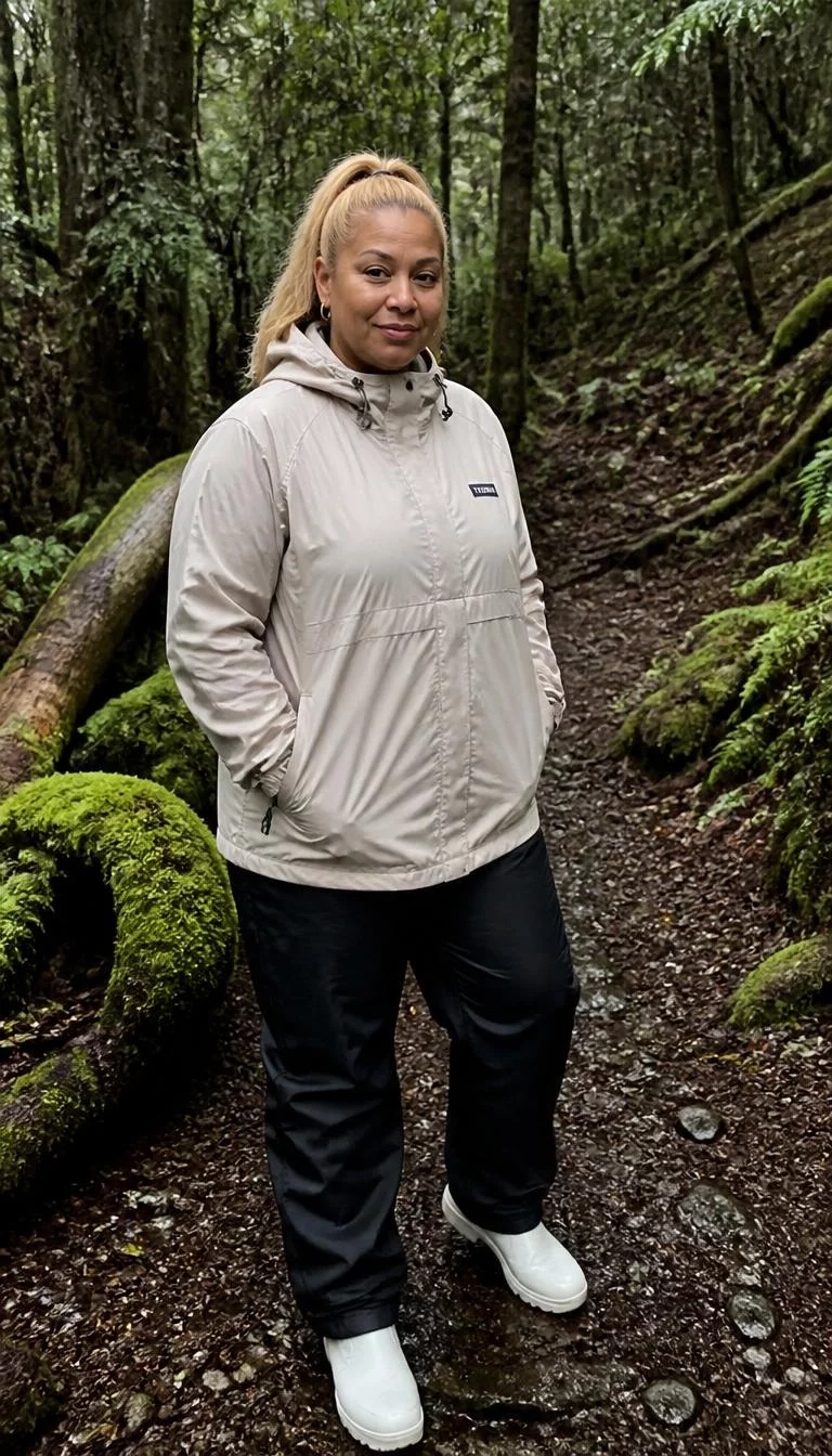 A photorealistic full body shot of a 45-year-old Afro-Caribbean woman with a round face, olive, narrow nose, straight eyebrows, and full lips. Her face features uneven eyebrows, light freckles, and subtle natural facial asymmetry. She has deep-set brown eyes, rounded cheeks, neutral expression, playful. She is curvy build with blonde hair hair and is wearing a hooded beige windbreaker, black waterproof trousers, and white boots, standing in a dark, lush forest hiking trail area, no people in the background, high-quality mobile photography, shot on an iPhone 14.