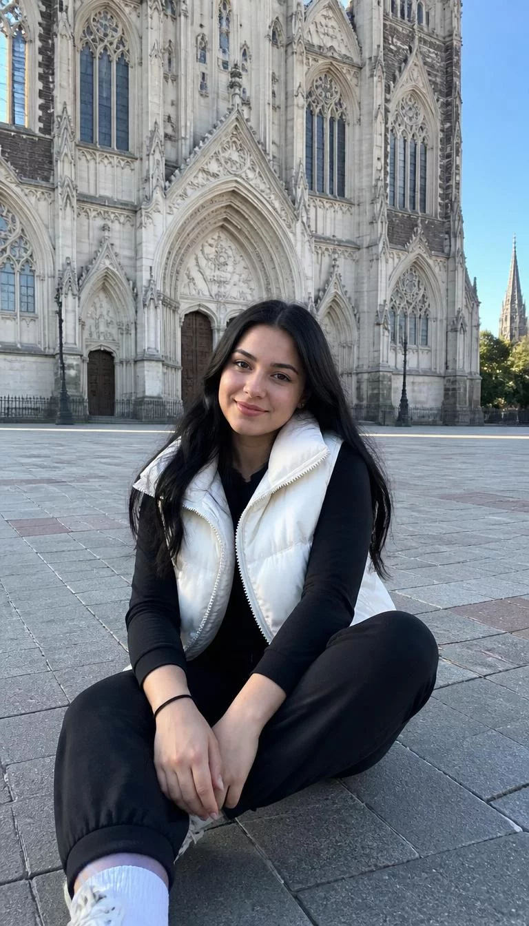 A photorealistic full body shot of a 24-year-old Middle Eastern woman with a pear-shaped face, fair, button nose, thin arched eyebrows, and wide lips. Her face features dimples, faint under-eye shadows, and subtle natural facial asymmetry. She has round gray eyes, soft cheekbones, broad smile, relaxed. She is athletic build with dark hair hair and is wearing a white puffer vest over a black long-sleeved shirt and black pants, sitting on an outdoor plaza in front of a tall cathedral, no people in the background, high-quality mobile photography, shot on an iPhone 14.