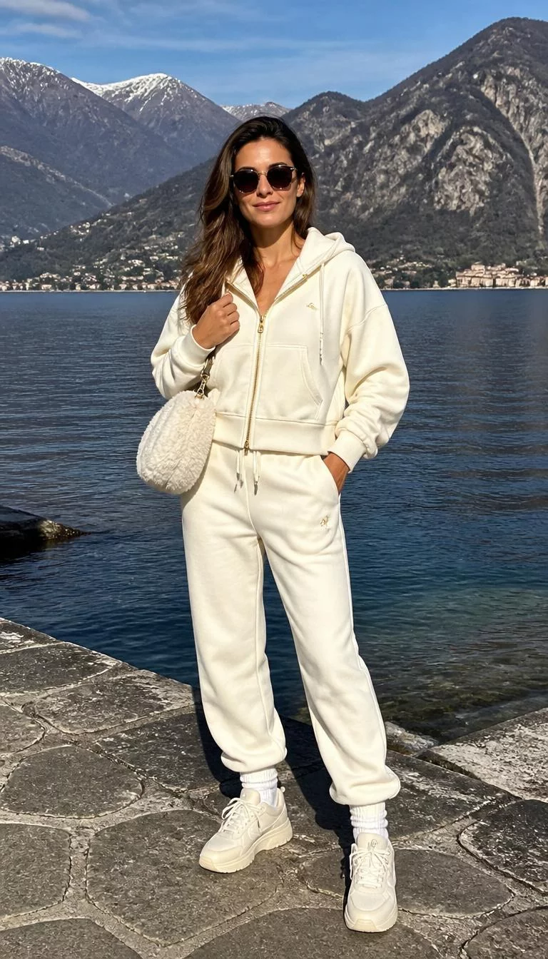 A photorealistic full body shot of a 39-year-old Mediterranean woman with a square face, fair, button nose, thick natural eyebrows, and thin lips. Her face features faint freckles across the nose, subtle acne marks, and subtle natural facial asymmetry. She has deep-set gray eyes, high cheekbones, subtle smile, confident. She is athletic build with brown hair hair and is wearing a light cream tracksuit, sunglasses, and a matching furry handbag, posing against a blue lake and mountain background, no people in the background, high-quality mobile photography, shot on an iPhone 14.