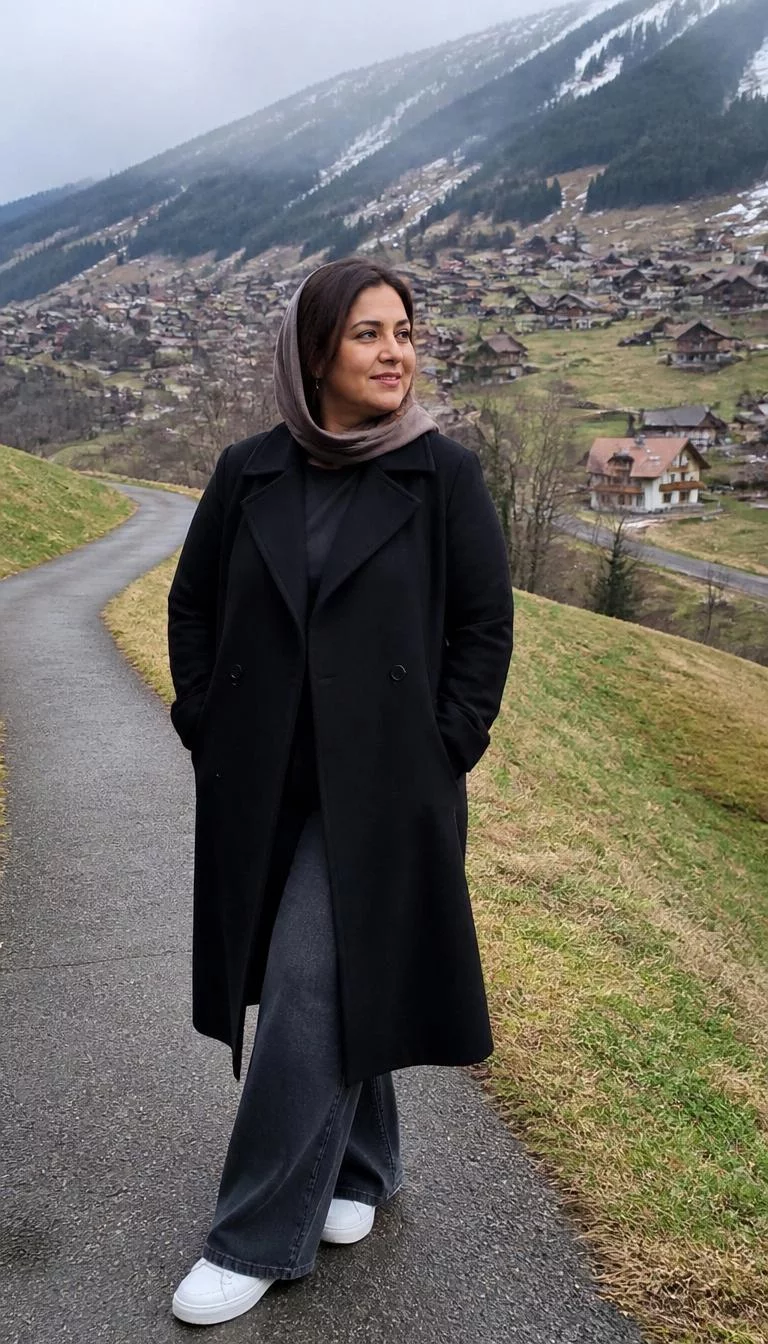 A photorealistic full body shot of a 48-year-old South Asian woman with a square face, fair, narrow nose, feathered eyebrows, and wide lips. Her face features widow's peak hairline, faint under-eye shadows, and subtle natural facial asymmetry. She has downturned blue eyes, soft cheekbones, broad smile, thoughtful. She is curvy build with dark brown hair in a natural style hair and is wearing a headscarf, a long black coat, wide-leg charcoal jeans, and white sneakers, near a mountain village landscape, no people in the background, high-quality mobile photography, shot on an iPhone 14.