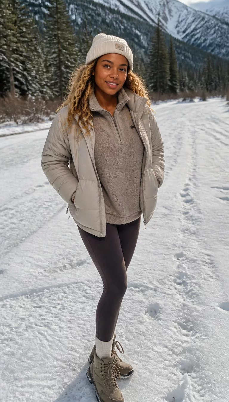 A photorealistic full body shot of a 27-year-old Afro-Caribbean woman with a oval face, golden brown, upturned nose, feathered eyebrows, and heart-shaped lips. Her face features dimples, light freckles, and subtle natural facial asymmetry. She has almond-shaped blue eyes, pronounced cheekbones, closed-mouth smile, cheerful. She is slim with various hair colors hair and is wearing a neutral beanie, puffer jacket, fleece pullover, and casual leggings, snowy environments, no people in the background, high-quality mobile photography, shot on an iPhone 14.