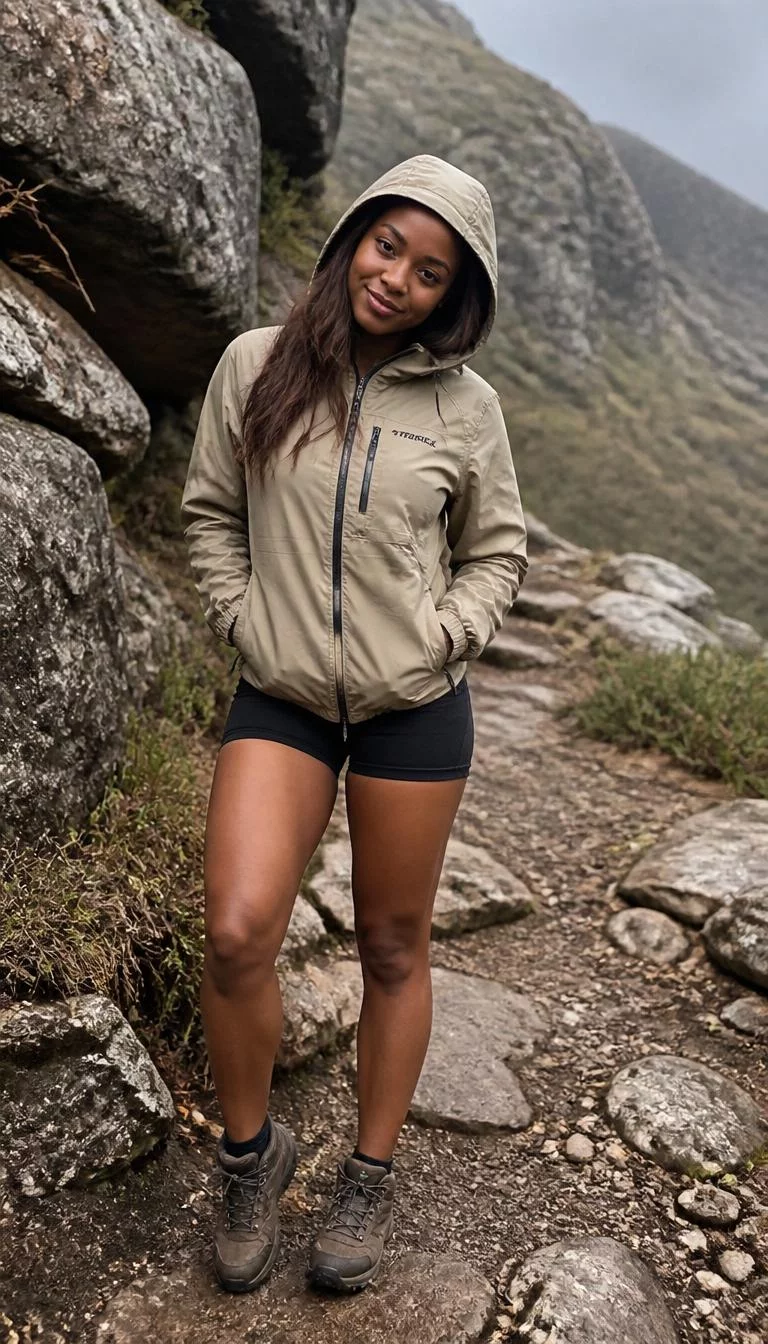 A photorealistic full body shot of a 29-year-old Black African woman with a pear-shaped face, golden brown, rounded nose, thick natural eyebrows, and thin lips. Her face features slightly crooked smile, light freckles, and subtle natural facial asymmetry. She has downturned brown eyes, high cheekbones, broad smile, playful. She is athletic build with long brown hair hair and is wearing a hooded beige jacket, black shorts, and hiking boots, on a rocky mountain path, no people in the background, high-quality mobile photography, shot on an iPhone 14.