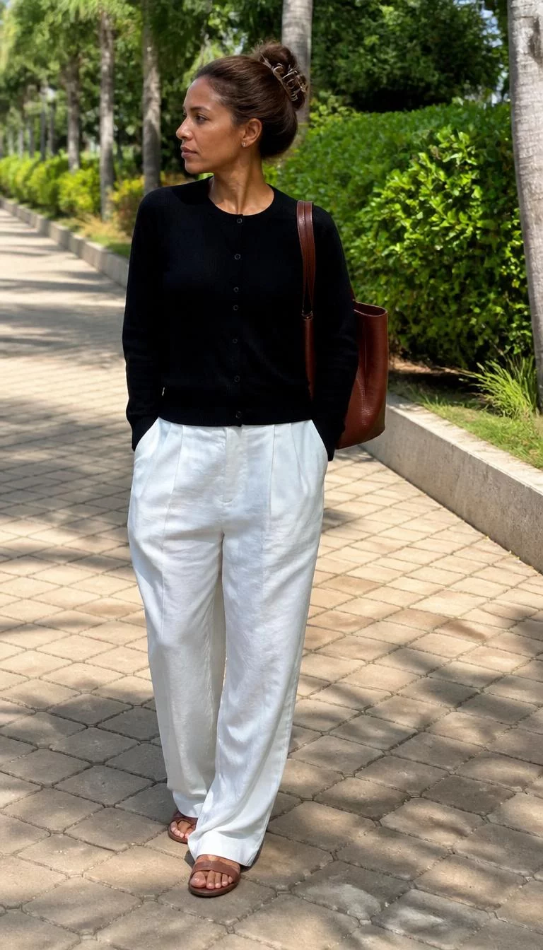 A photorealistic full body shot of a 38-year-old Afro-Caribbean woman with a oval face, tan, narrow nose, thick natural eyebrows, and full lips. Her face features beauty mark near the lip, faint under-eye shadows, and subtle natural facial asymmetry. She has hooded dark brown eyes, soft cheekbones, neutral expression, thoughtful. She is average build with brown hair in a chic updo with a hair claw and is wearing a black cardigan, white loose trousers, brown sandals, and a large brown tote, a sunny walkway, no people in the background, high-quality mobile photography, shot on an iPhone 14.