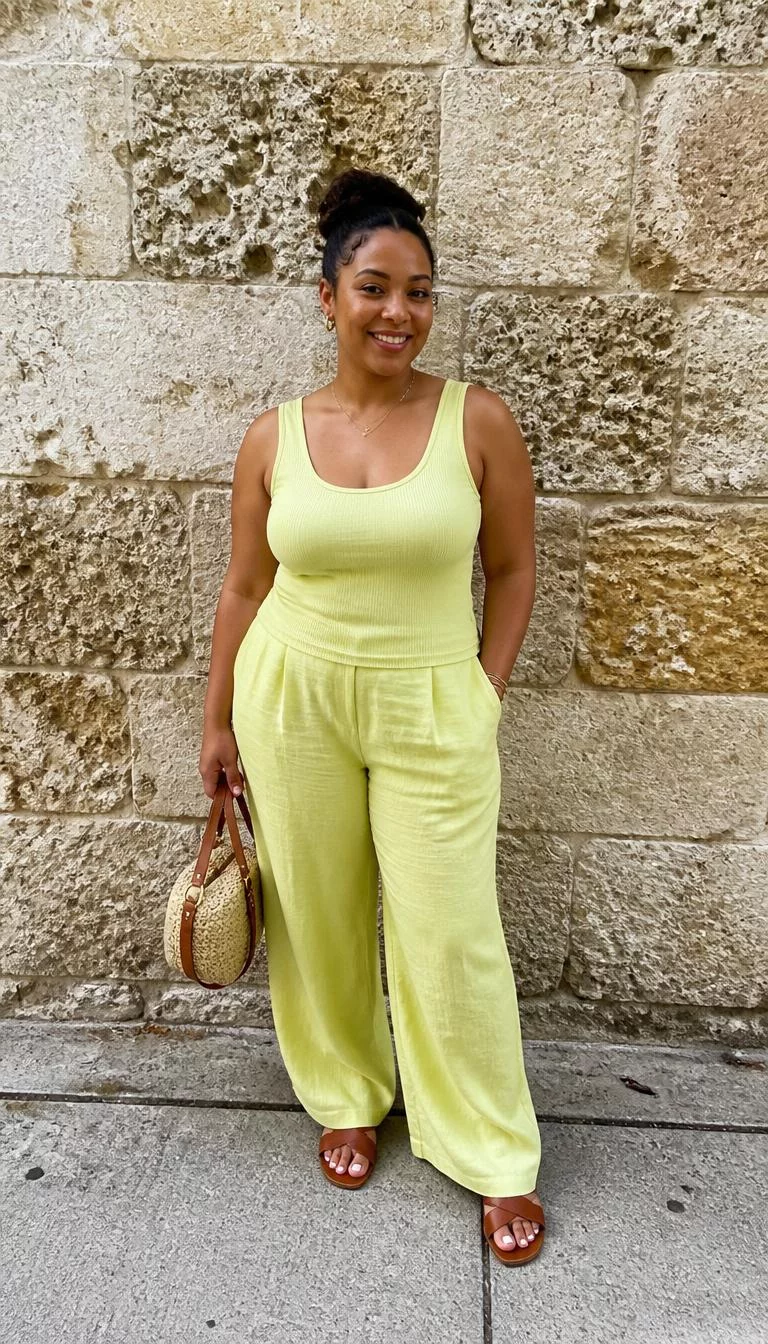 A photorealistic full body shot of a 37-year-old Afro-Caribbean woman with a pear-shaped face, golden brown, button nose, thin arched eyebrows, and heart-shaped lips. Her face features dimples, light freckles, and subtle natural facial asymmetry. She has downturned green eyes, high cheekbones, broad smile, confident. She is average build with dark brown hair in an elegant updo hair and is wearing a pale yellow ribbed tank top and matching linen trousers, carrying a small woven bag, textured stone wall, no people in the background, high-quality mobile photography, shot on an iPhone 14.