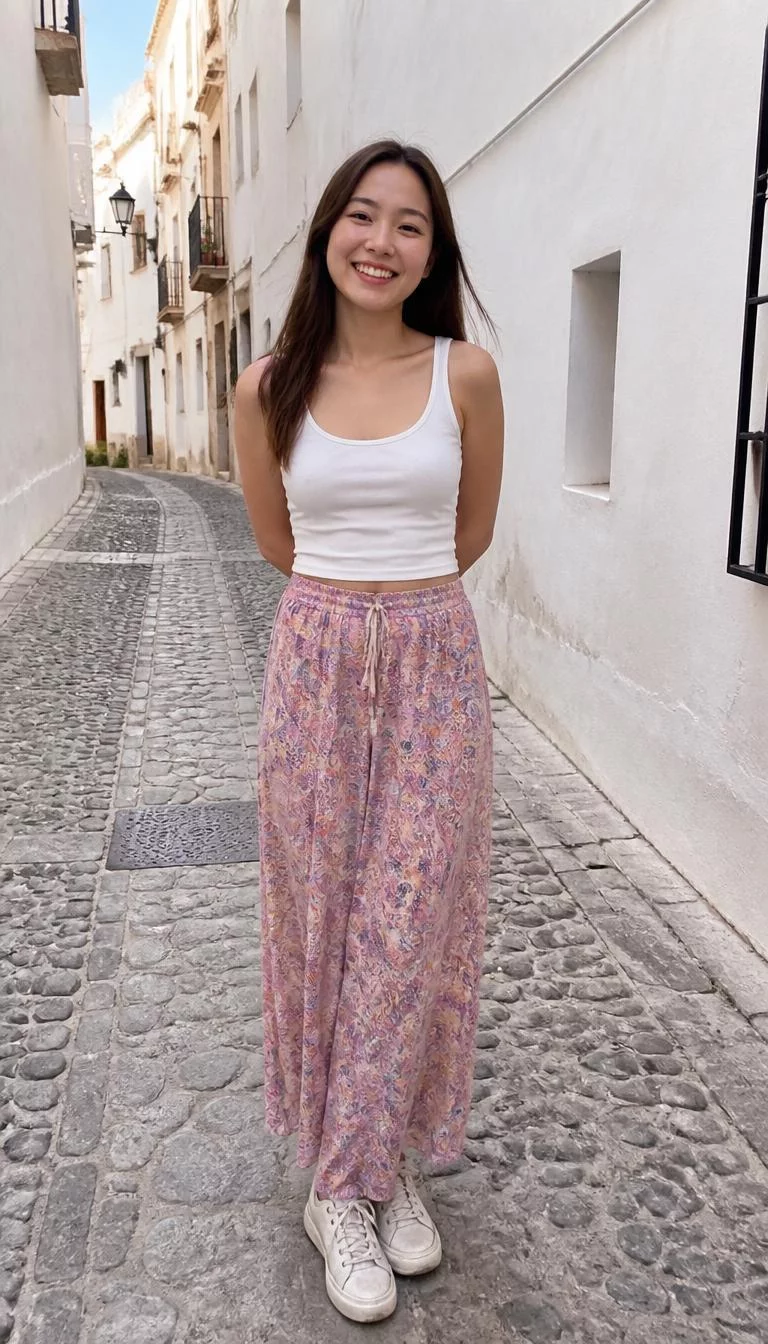 A photorealistic full body shot of a 23-year-old East Asian woman with a oval face, dark brown, rounded nose, feathered eyebrows, and thin lips. Her face features uneven eyebrows, light freckles, and subtle natural facial asymmetry. She has monolid dark brown eyes, high cheekbones, broad smile, relaxed. She is petite with brown long and straight hair and is wearing a white tank top and a pink paisley maxi skirt, picturesque European alleyway featuring cobblestones and white stucco-walled buildings, no people in the background, high-quality mobile photography, shot on an iPhone 14.