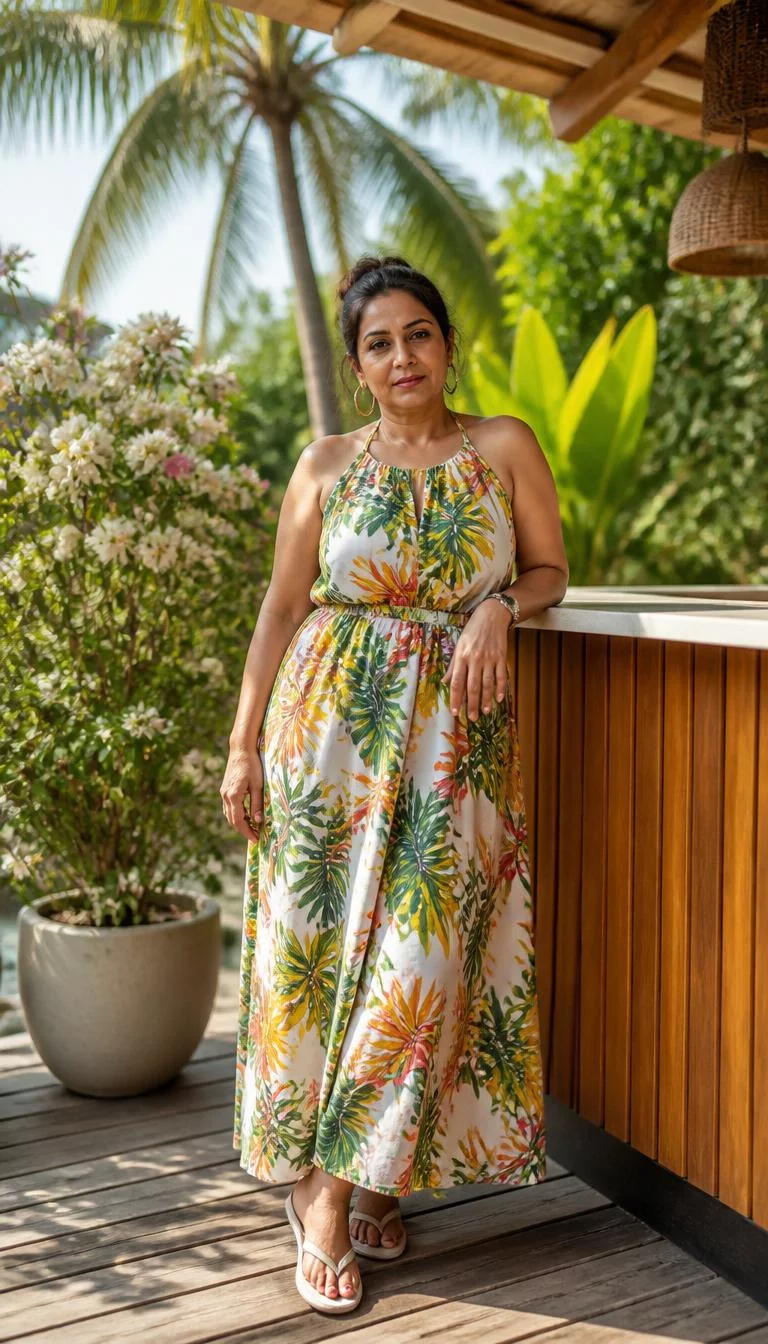 A photorealistic full body shot of a 47-year-old South Asian woman with a square face, golden brown, broad nose, thick natural eyebrows, and thin lips. Her face features slightly crooked smile, slightly flushed cheeks, and subtle natural facial asymmetry. She has downturned dark brown eyes, rounded cheeks, neutral expression, relaxed. She is average build with variety from slicked-back buns to loose waves hair and is wearing a tropical resort wear to casual streetwear, lush sun-drenched outdoor backdrops, no people in the background, high-quality mobile photography, shot on an iPhone 14.