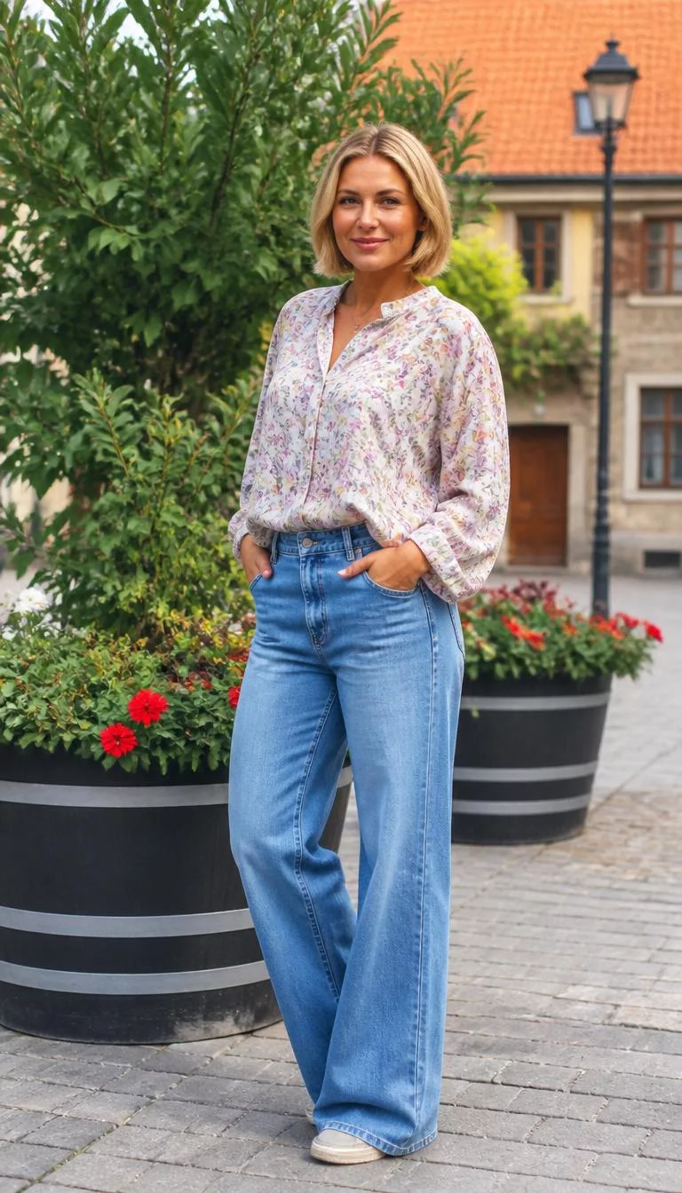 Floral Patterned Blouse With Loose Fit Blue Jeans A photorealistic full body shot of a 38-year-old Eastern European woman with a round face, golden brown, straight nose, straight eyebrows, and wide lips. Her face features small scar on the eyebrow, a few laugh lines, and subtle natural facial asymmetry. She has upturned blue eyes, pronounced cheekbones, broad smile, thoughtful. She is athletic build with blonde-haired shoulder-length bob hair and is wearing a floral-patterned blouse with loose-fit blue denim jeans, outdoors near plants in a European town square, no people in the background, high-quality mobile photography, shot on an iPhone 14.