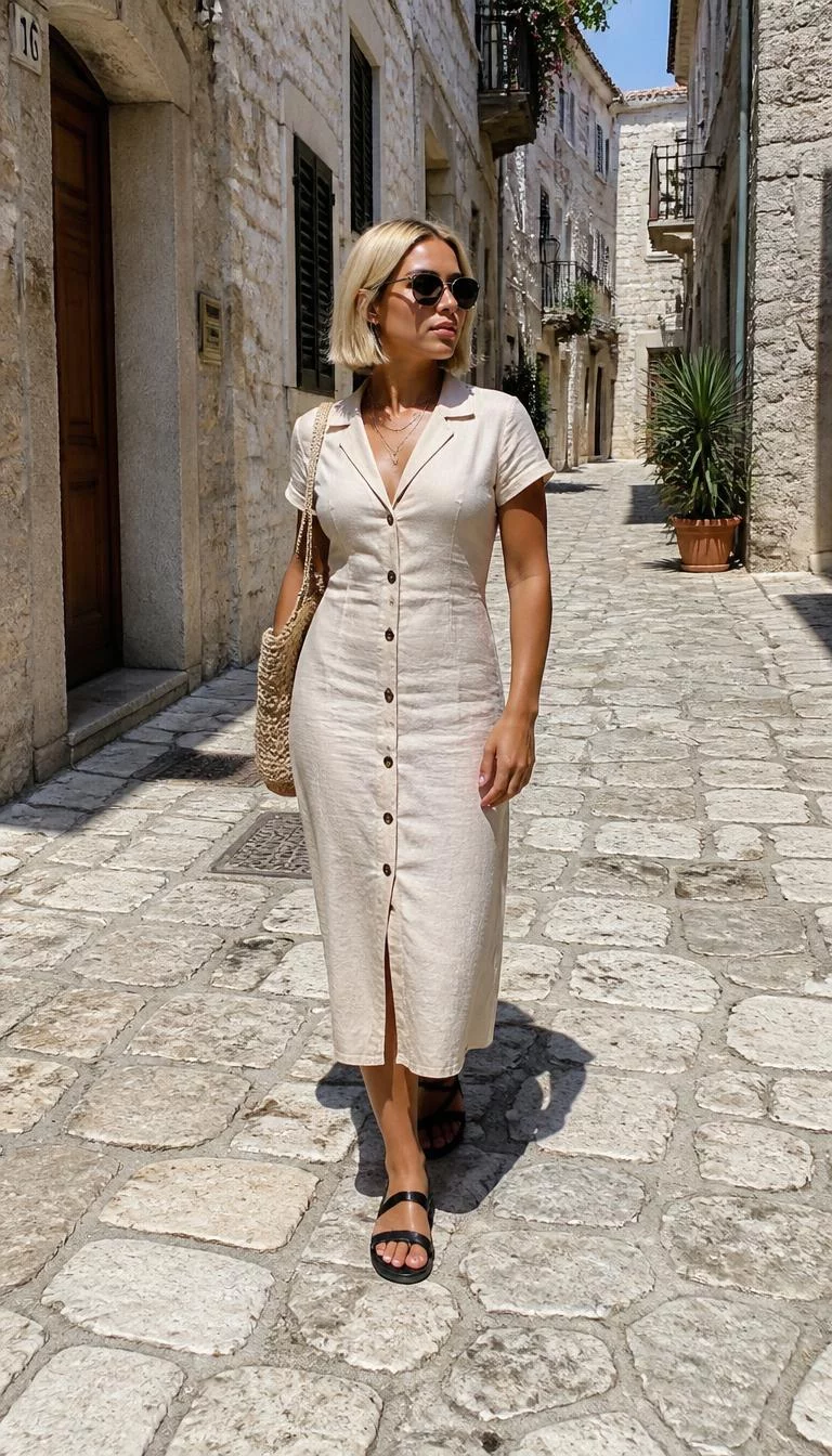 Cream Button Down Midi Dress With Black Sandals A photorealistic full body shot of a 26-year-old Mixed-race woman with a diamond face, light, straight nose, softly curved eyebrows, and thin lips. Her face features dimples, a few laugh lines, and subtle natural facial asymmetry. She has round amber eyes, high cheekbones, neutral expression, thoughtful. She is average build with short blonde hair and is wearing a cream-colored button-down midi dress, black sandals, and sunglasses, walking down a narrow sunlit stone street in a scenic town, no people in the background, high-quality mobile photography, shot on an iPhone 14.