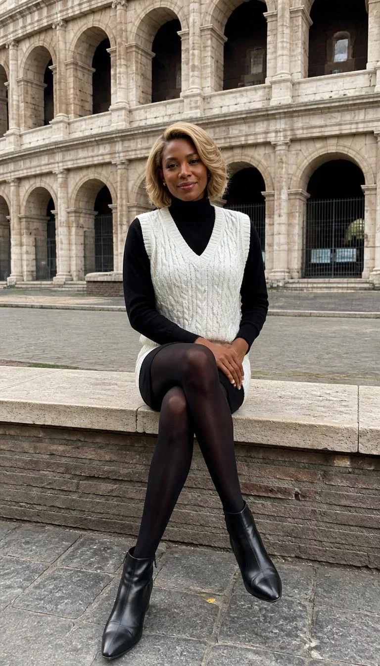 Black Turtleneck White Cable Knit Vest And Ankle Boots A photorealistic full body shot of a 42-year-old Black African woman with a diamond face, fair, narrow nose, feathered eyebrows, and heart-shaped lips. Her face features dimples, faint under-eye shadows, and subtle natural facial asymmetry. She has monolid blue eyes, pronounced cheekbones, subtle smile, cheerful. She is athletic build with blonde hair and is wearing a black turtleneck, a white cable-knit vest, black stockings, and ankle boots, sitting in front of the historic stone Colosseum in Rome, no people in the background, high-quality mobile photography, shot on an iPhone 14.